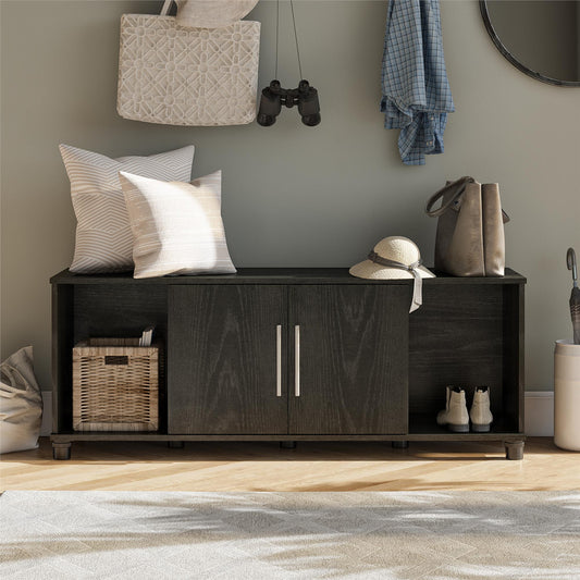 Shoe Storage Bench with 2 Open and 2 Closed Storage Compartments - Black Oak