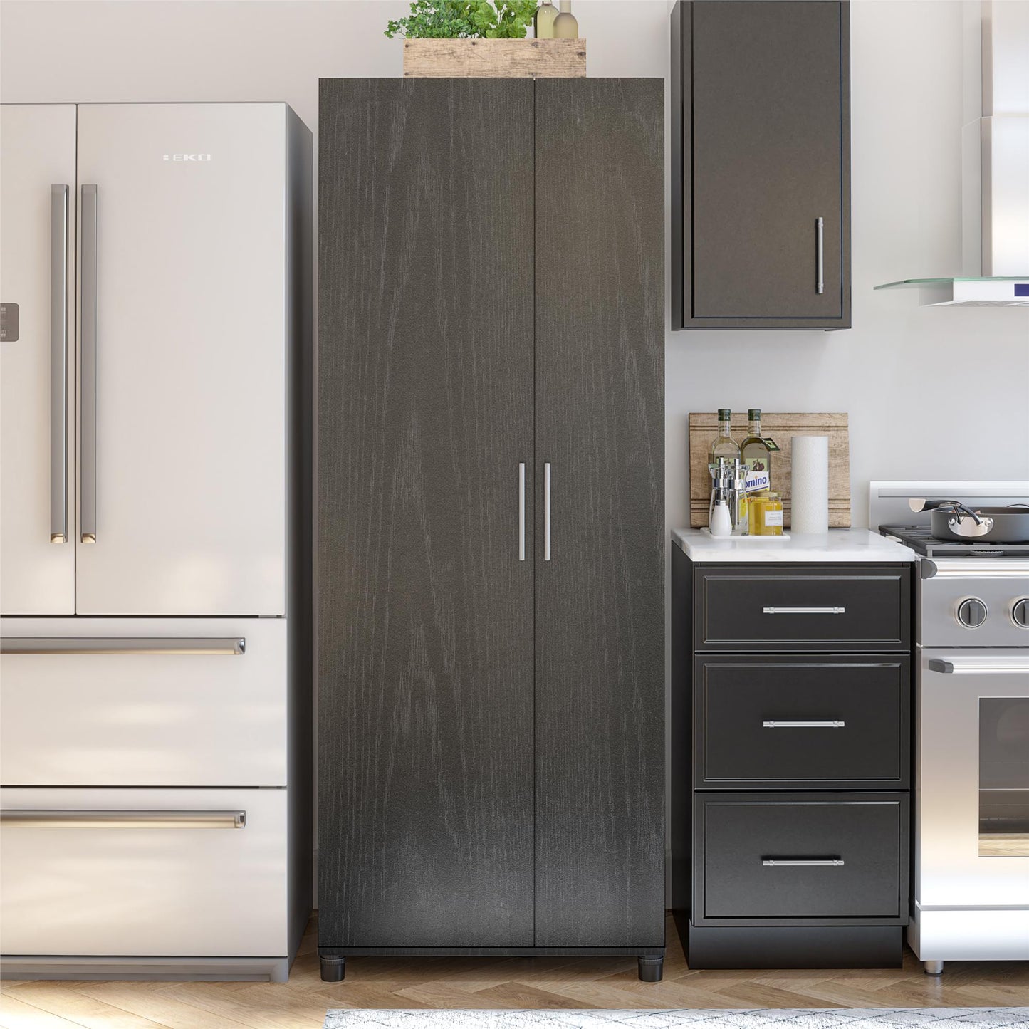 Camberly Tall Asymmetrical Cabinet, Black Oak - Black Oak