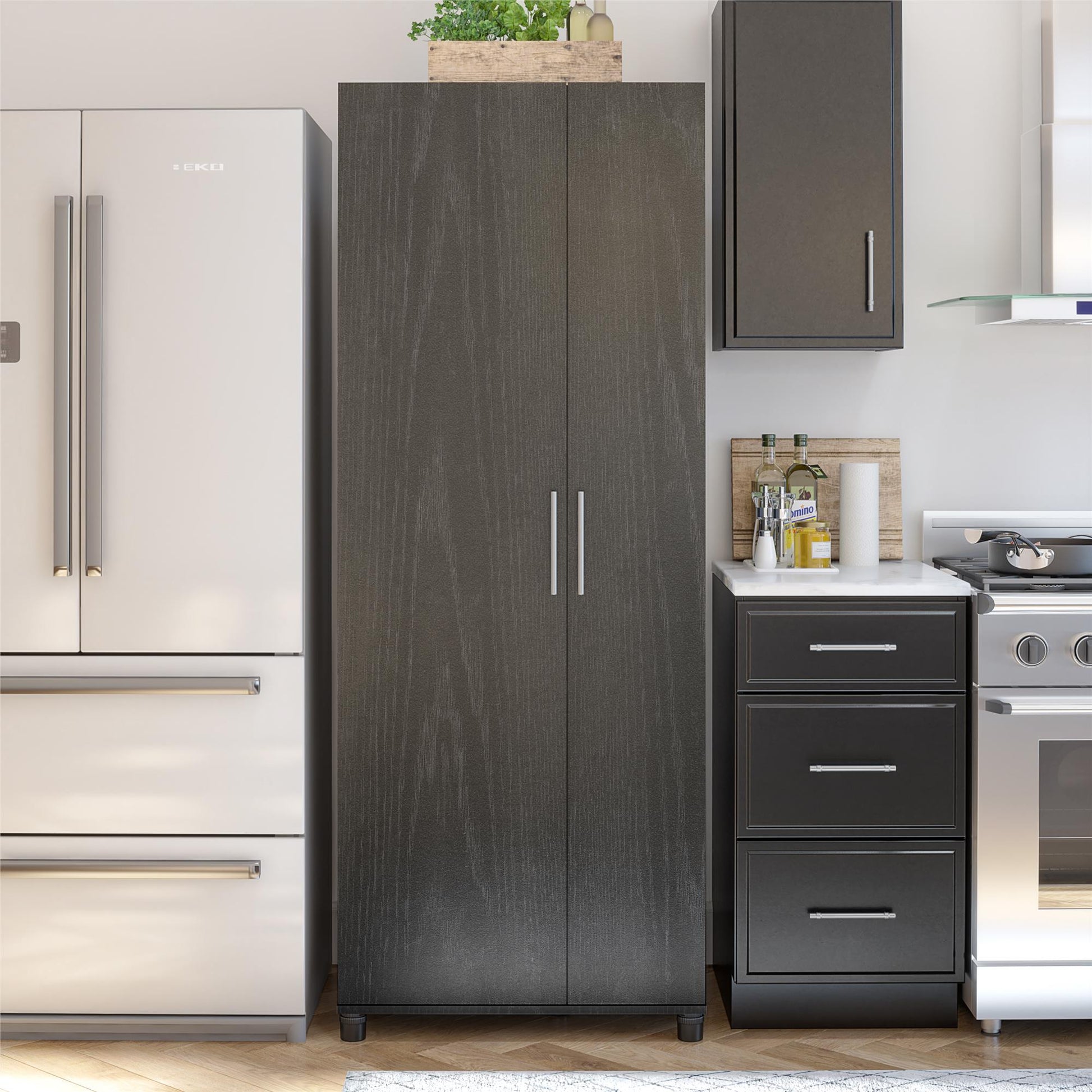 Camberly Tall Asymmetrical Cabinet, Black Oak - Black Oak