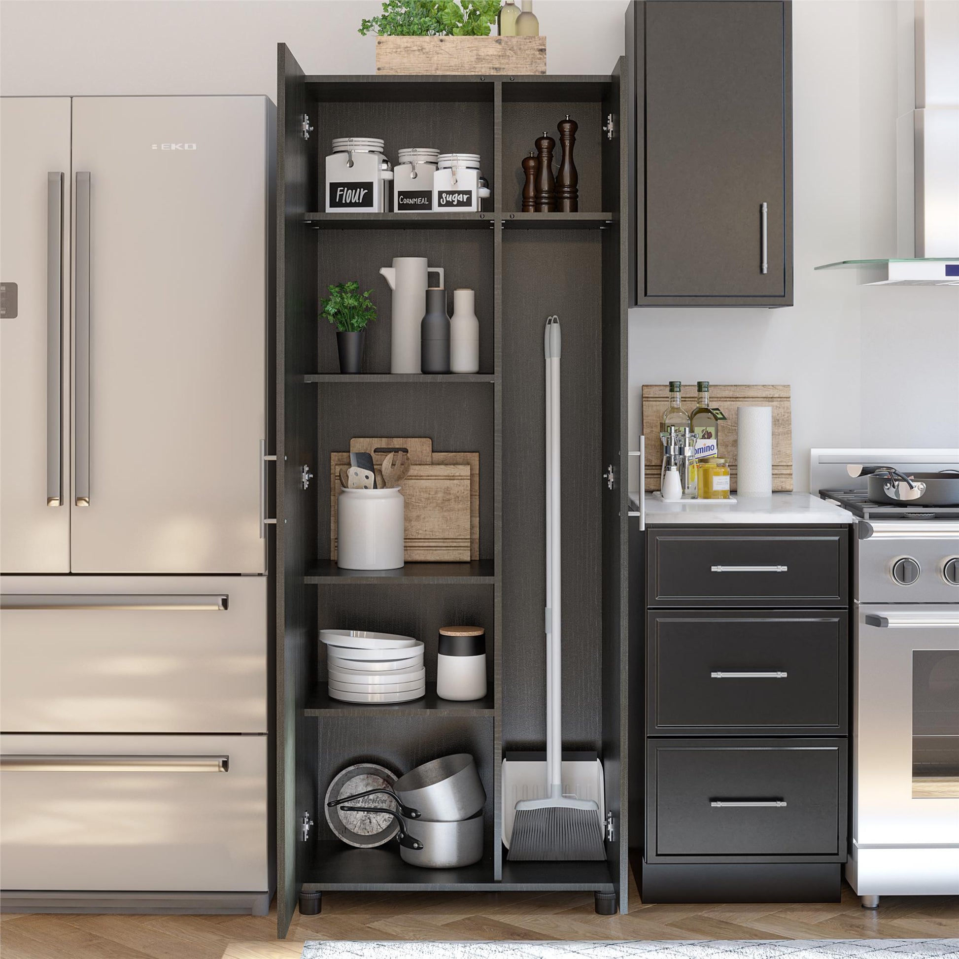 Camberly Tall Asymmetrical Cabinet, Black Oak - Black Oak