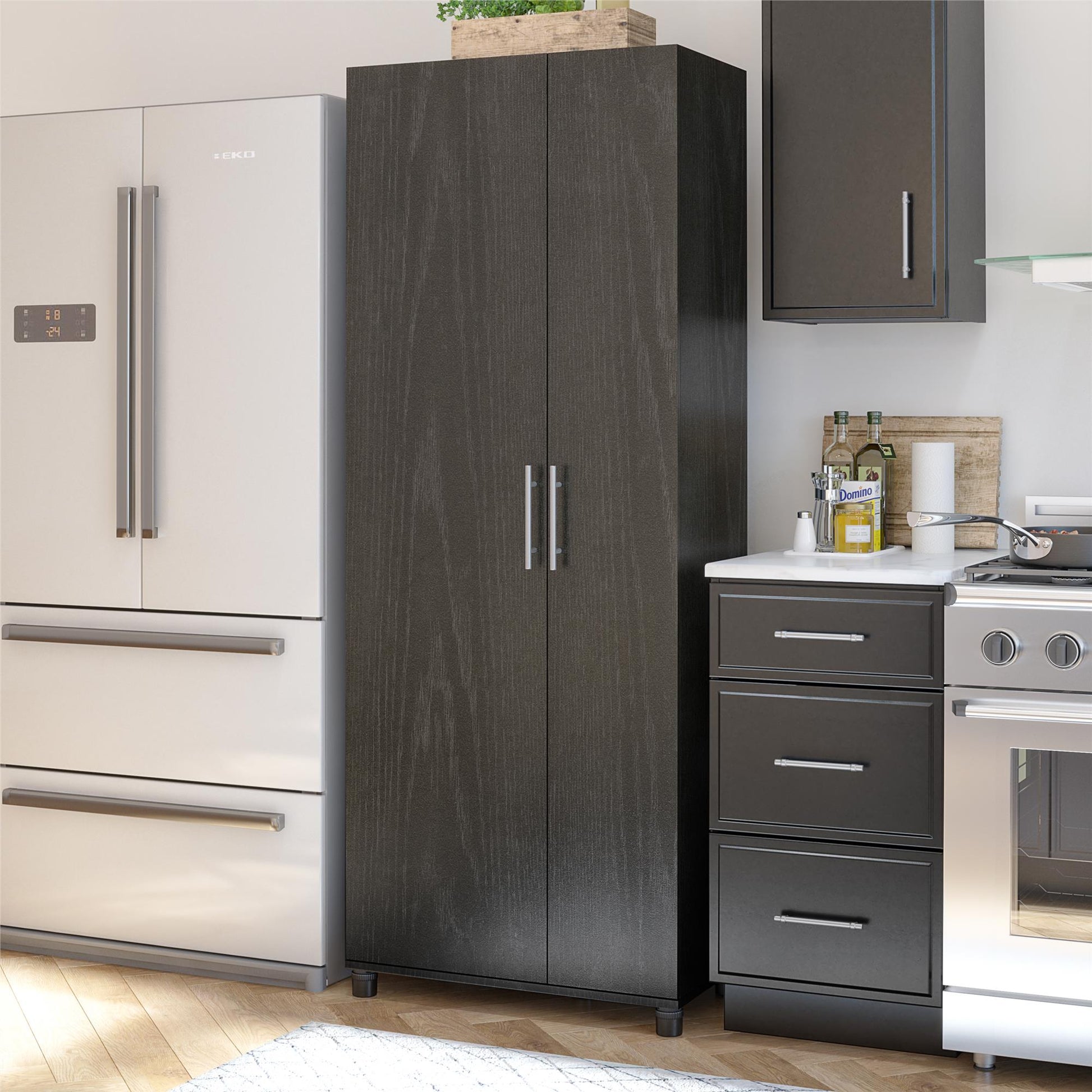 Camberly Tall Asymmetrical Cabinet, Black Oak - Black Oak