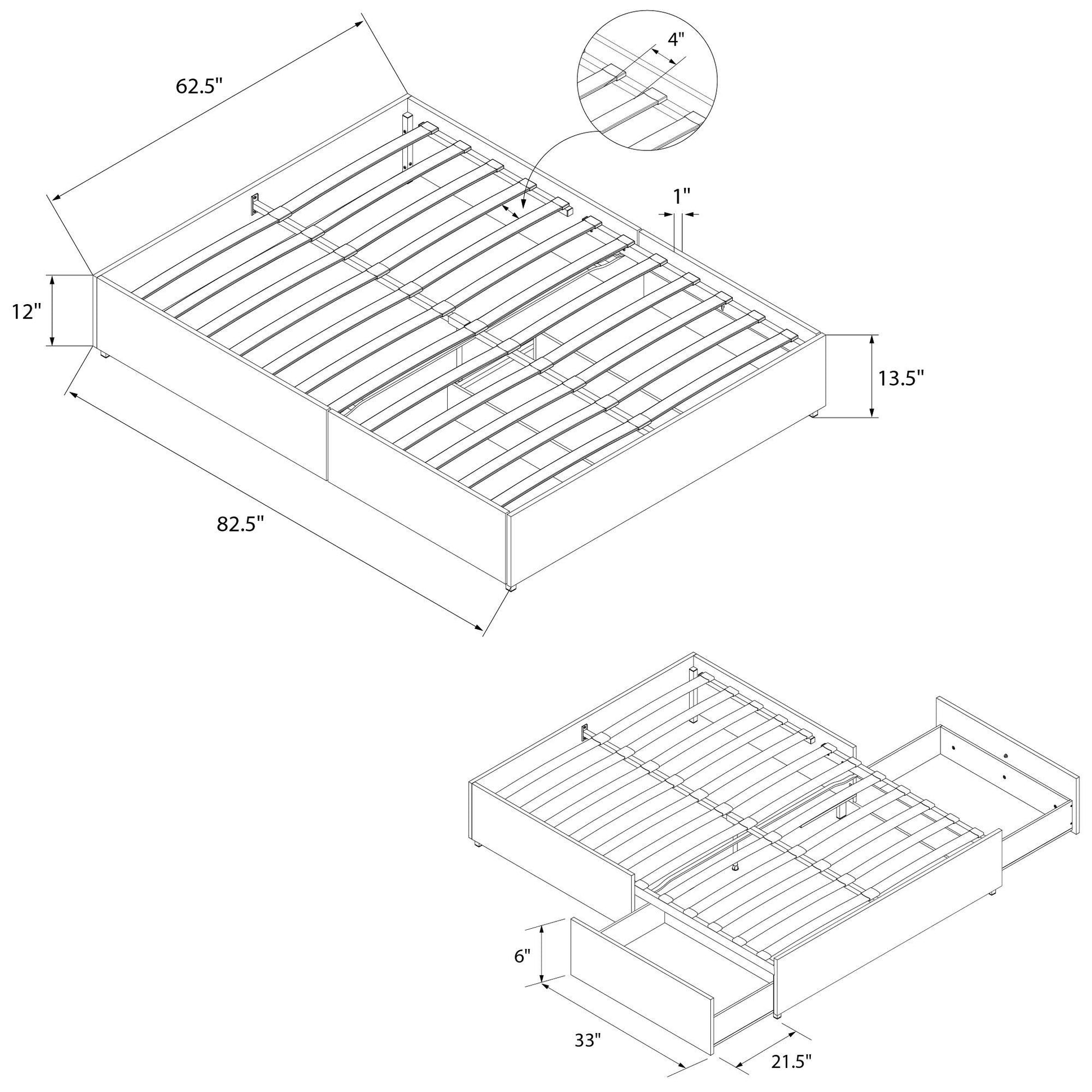 Maven Platform Bed with 2 Rollout Drawers for Storage - Black Faux Leather - Queen