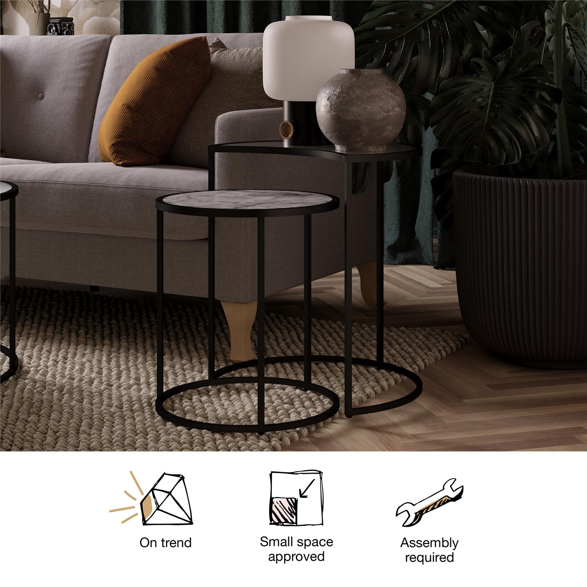 Moon Phases Nesting End Tables, White Marble/Glass - White marble
