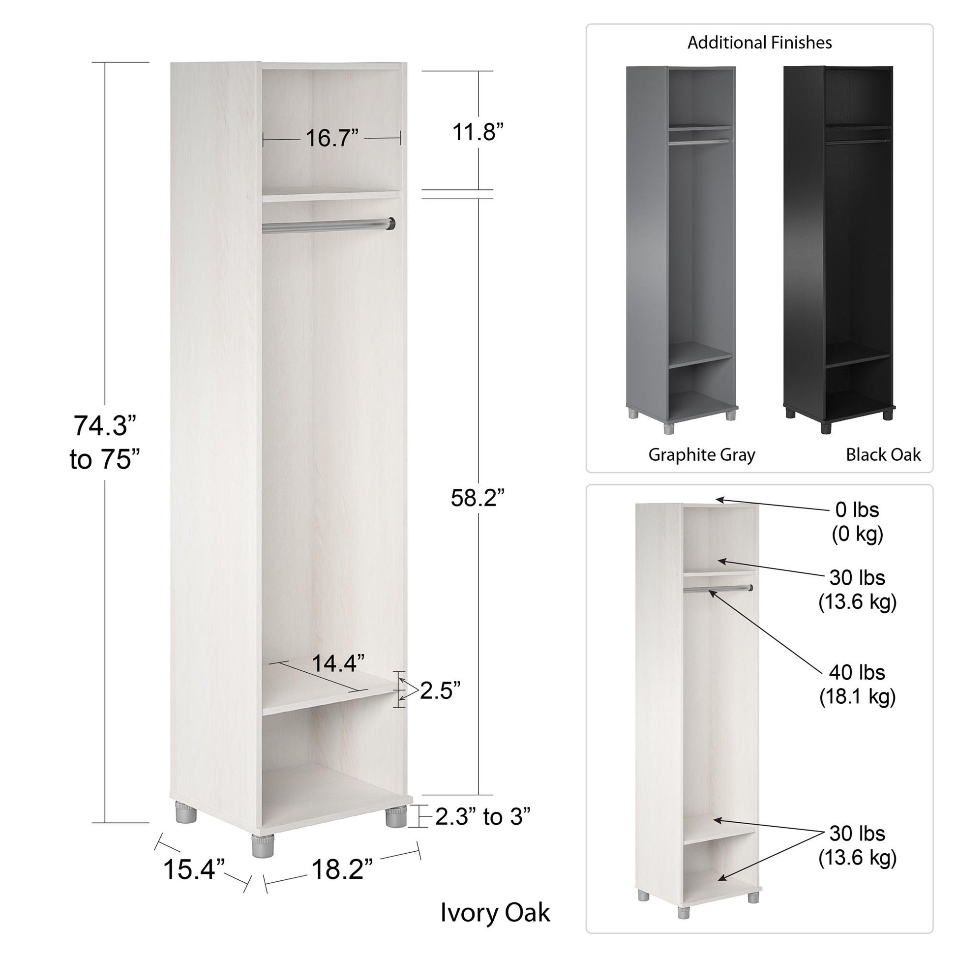 Camberly 18" Wide Mudroom Cabinet with Clothing Rod & Adjustable Shelving - Ivory Oak