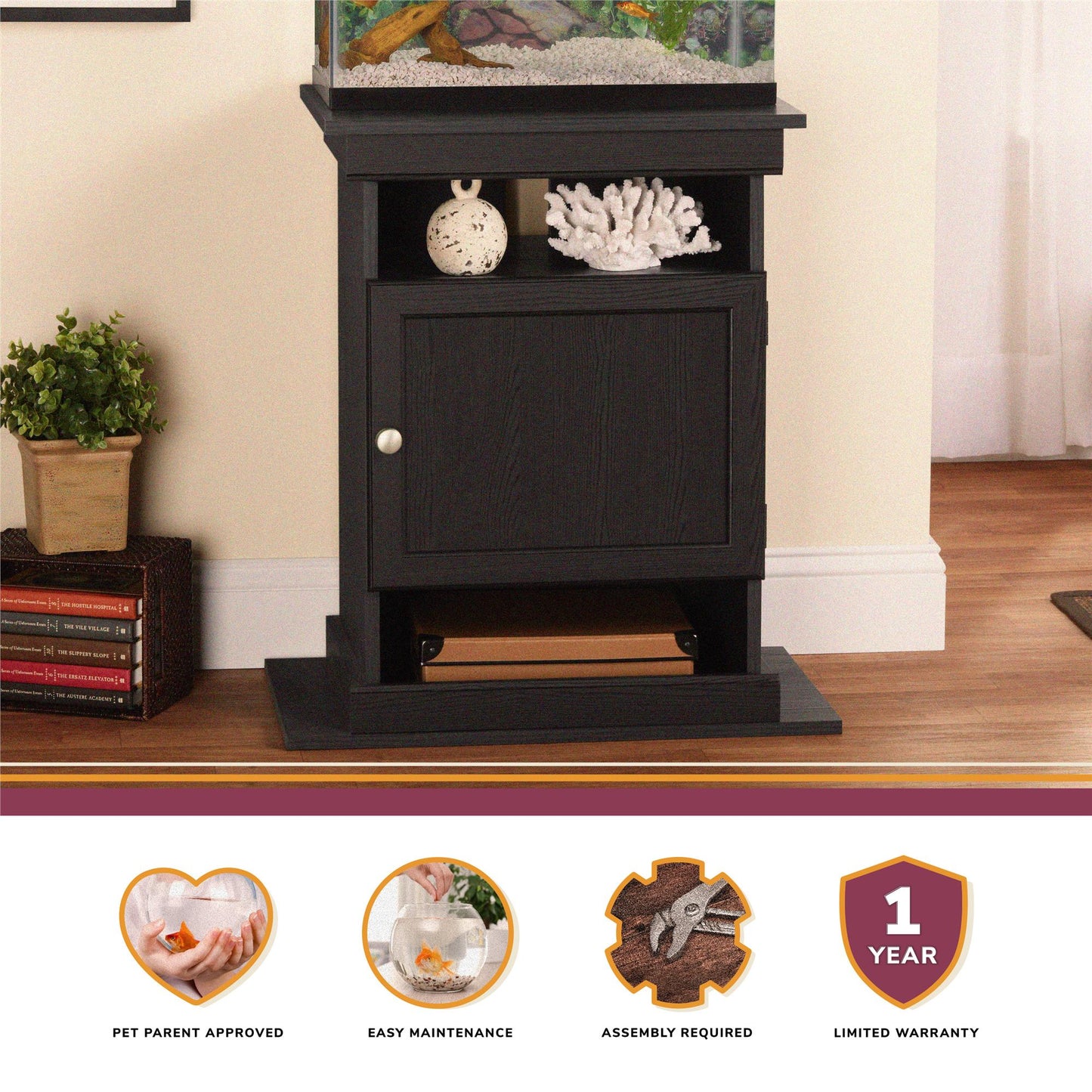 10/20 Gallon Aquarium Stand with Open and Concealed Storage - Black Oak