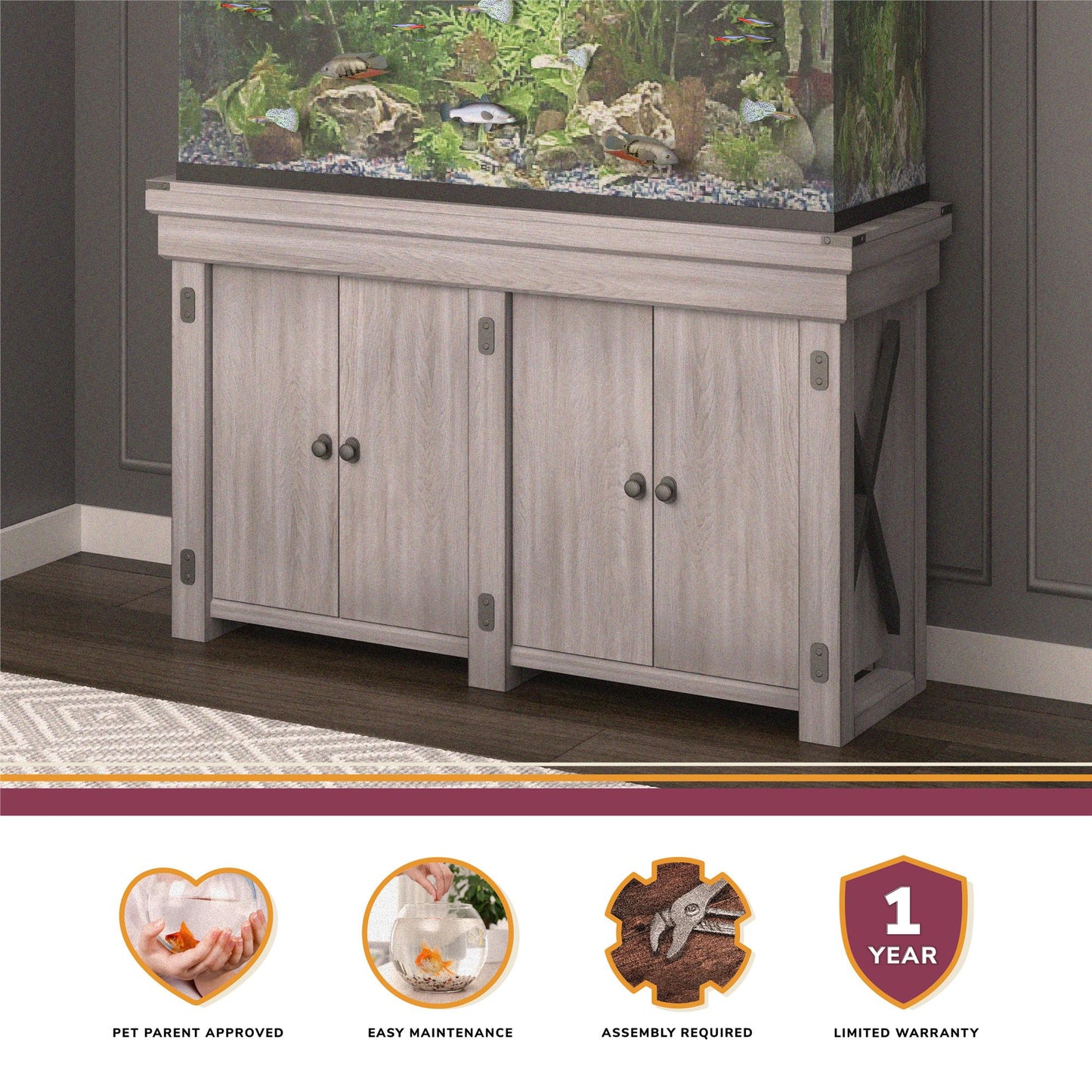 Wildwood 55 Gallon Aquarium Stand with 4 Doors and 4 Shelves - Rustic White