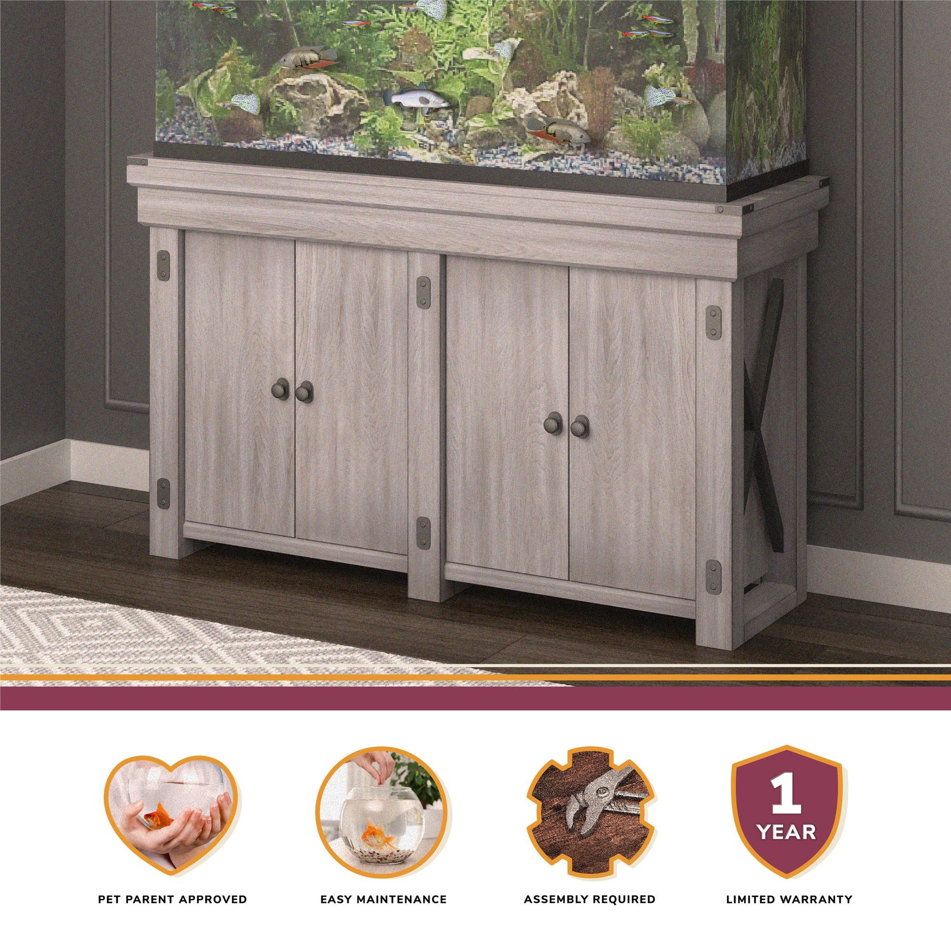 Wildwood 55 Gallon Aquarium Stand with 4 Doors and 4 Shelves - Rustic White
