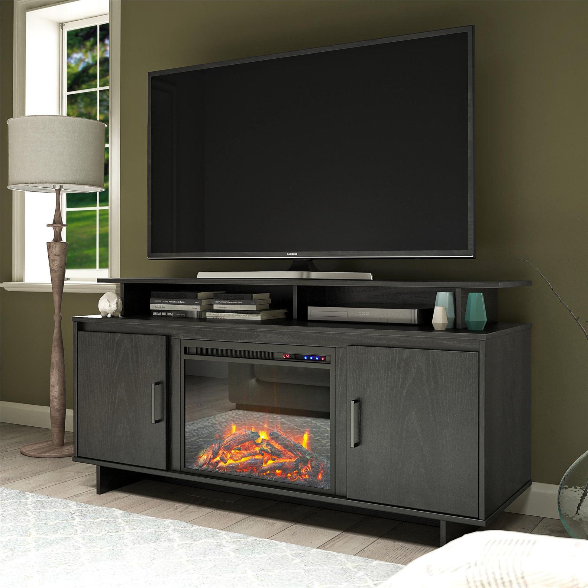 Merritt Avenue Electric Fireplace TV Console with 2 Storage Cabinets for TVs up to 74" - Black Oak