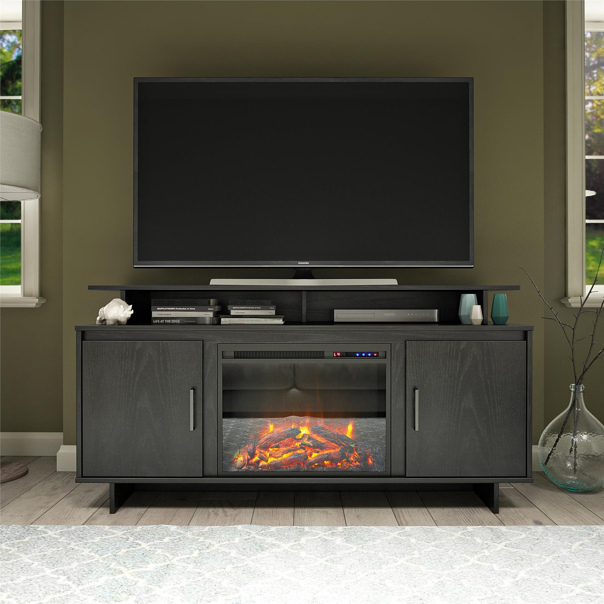 Merritt Avenue Electric Fireplace TV Console with 2 Storage Cabinets for TVs up to 74" - Black Oak
