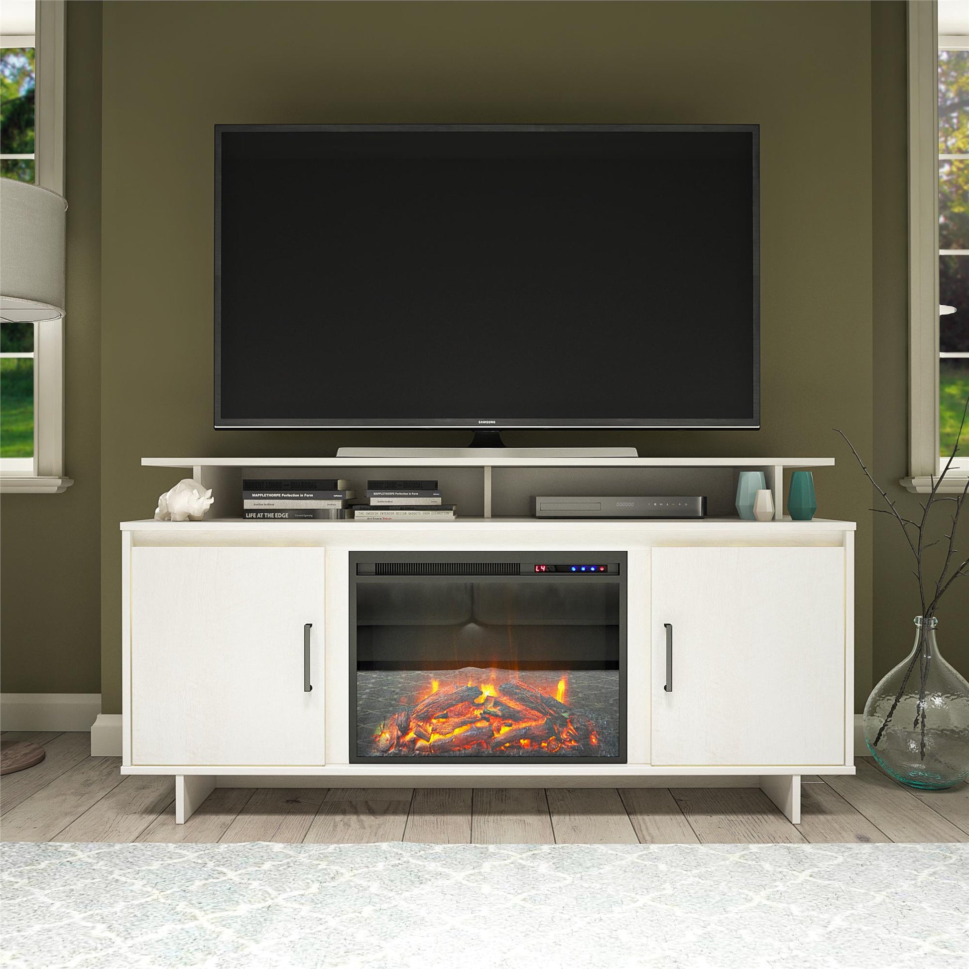 Merritt Avenue Electric Fireplace TV Console with 2 Storage Cabinets for TVs up to 74" - Ivory Oak