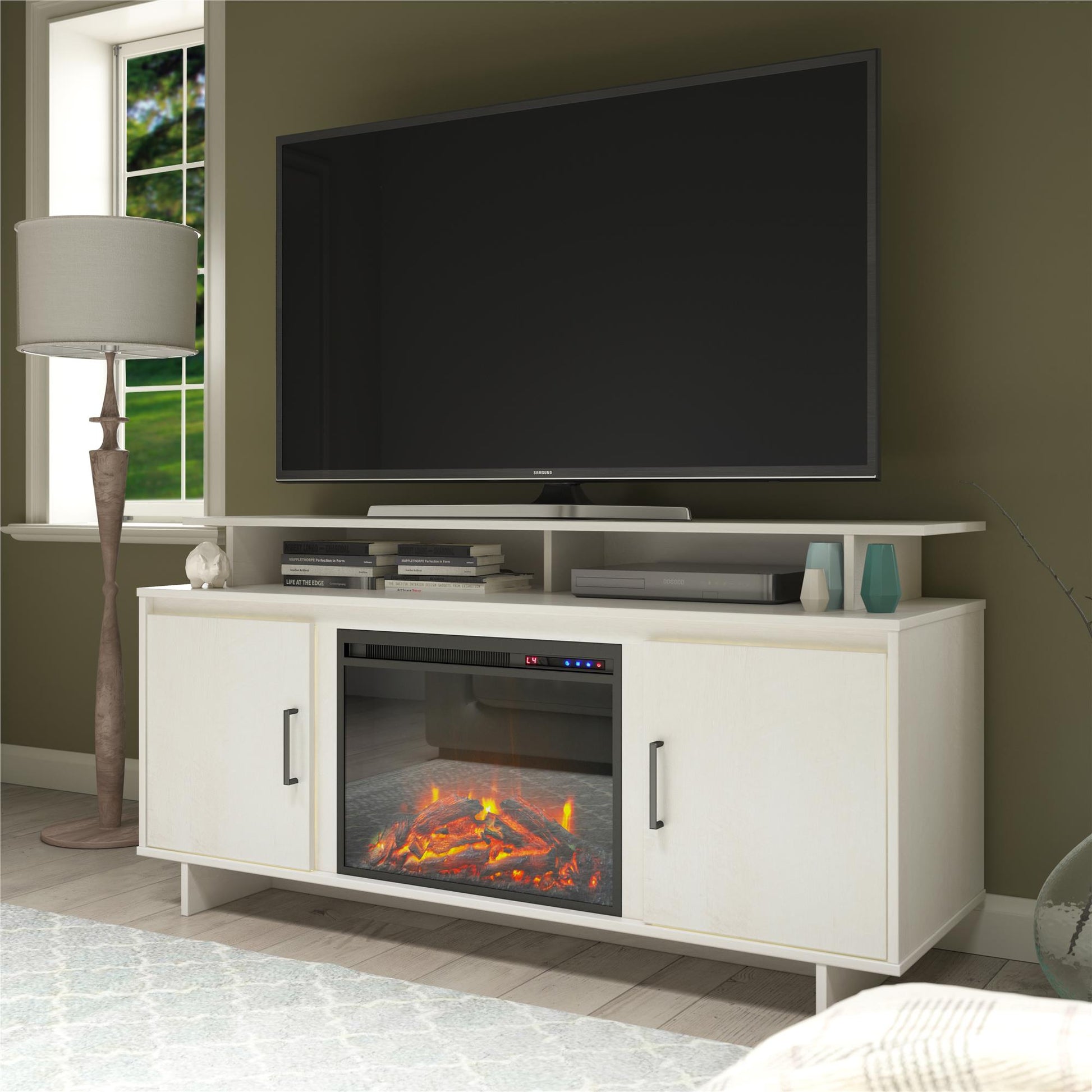 Merritt Avenue Electric Fireplace TV Console with 2 Storage Cabinets for TVs up to 74" - Ivory Oak
