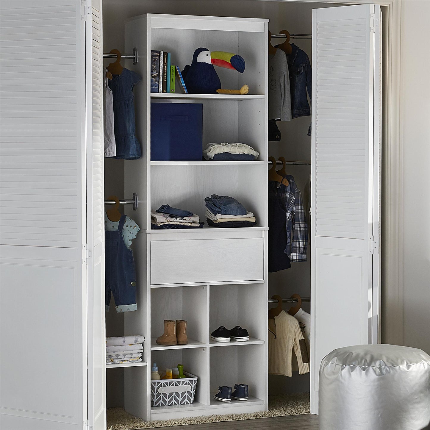 Grow with Me Adjustable Kids’ Closet Organizer System with Adjustable Poles - White
