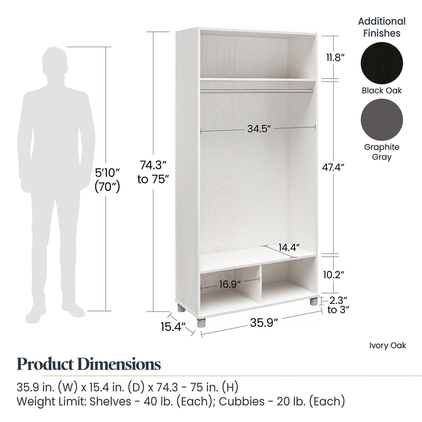 Camberly 36" Wide Mudroom Storage Cabinet with Clothing Rod - Black Oak