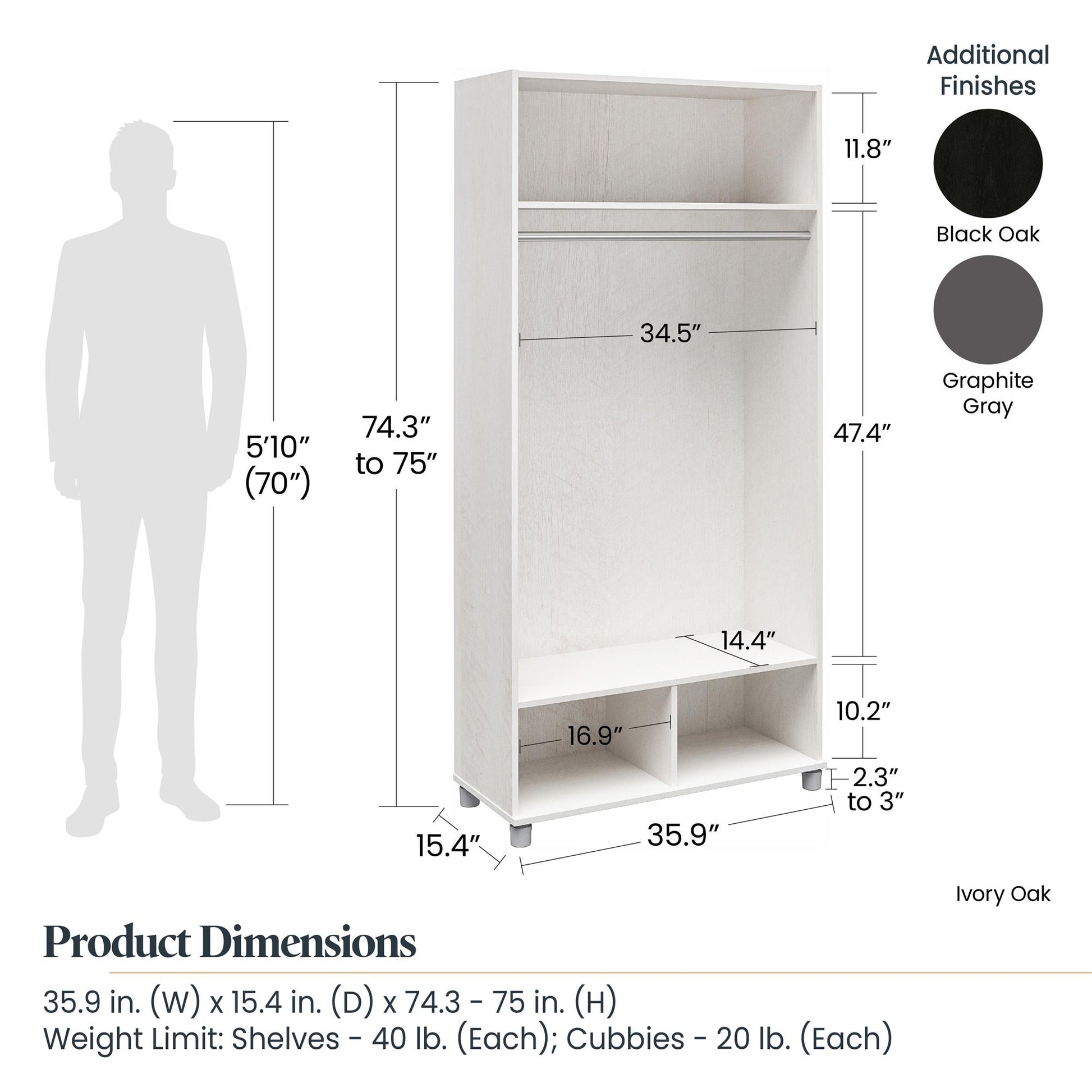 Camberly 36" Wide Mudroom Storage Cabinet with Clothing Rod - Black Oak
