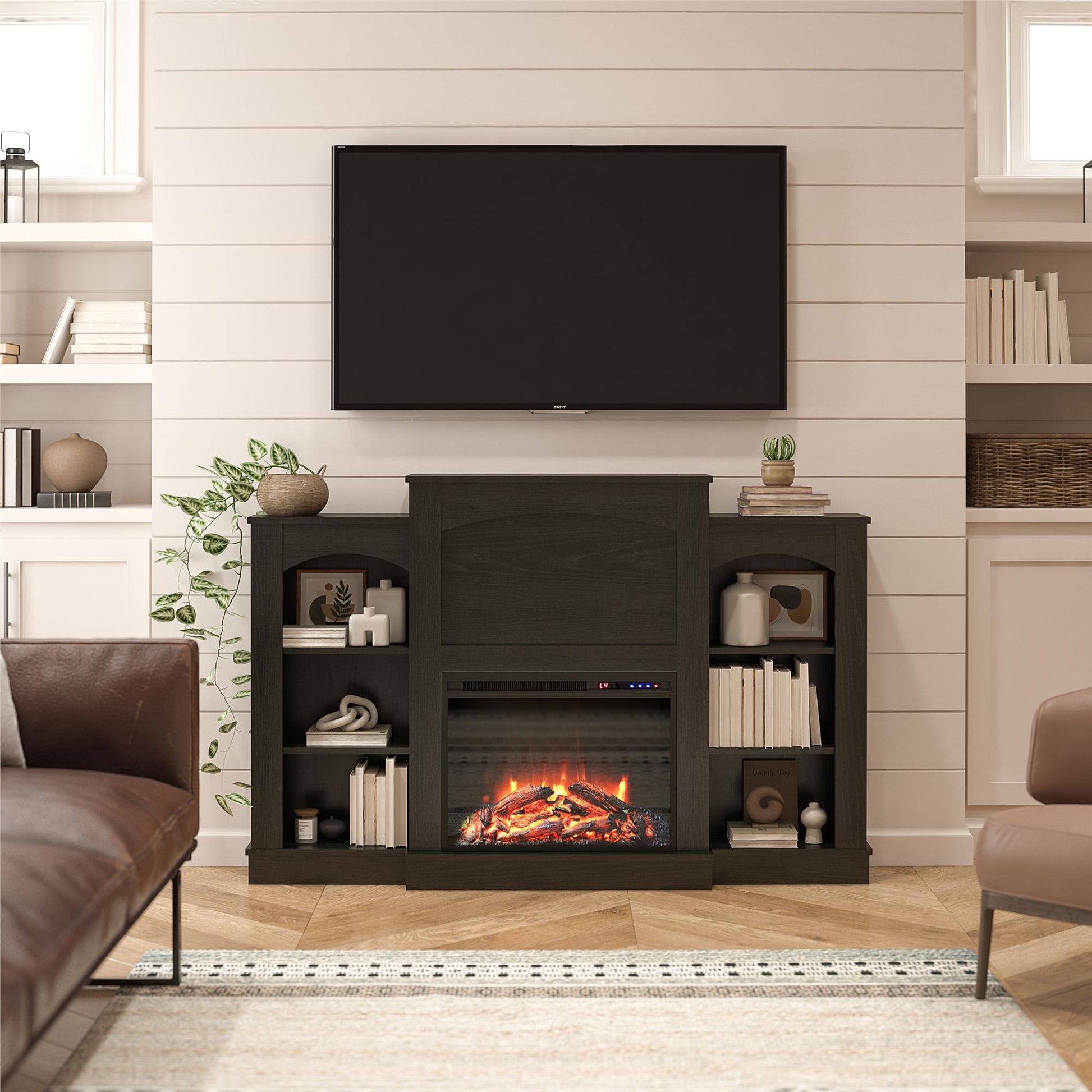 Hawke's Bay Electric Fireplace Mantel with Bookshelves - Black Oak