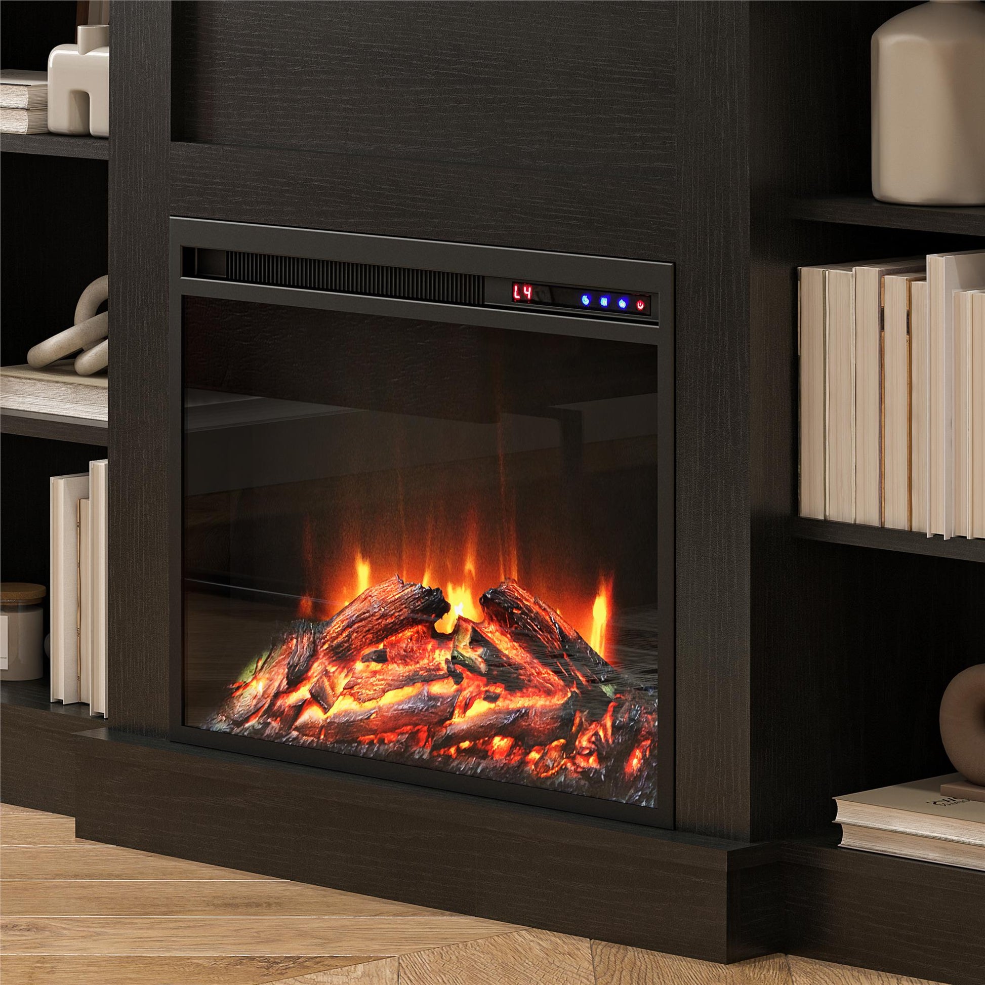 Hawke's Bay Electric Fireplace Mantel with Bookshelves - Black Oak