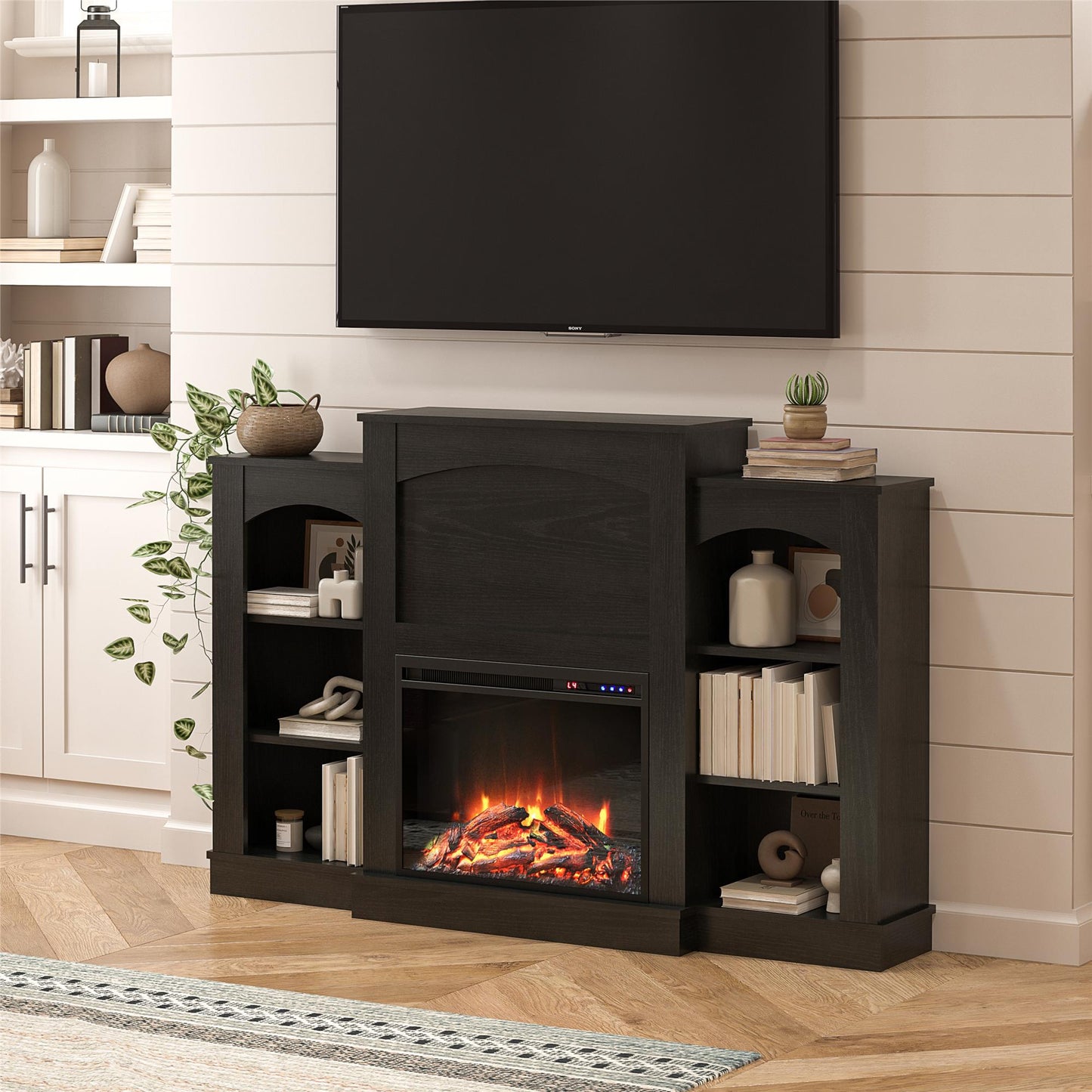 Hawke's Bay Electric Fireplace Mantel with Bookshelves - Black Oak