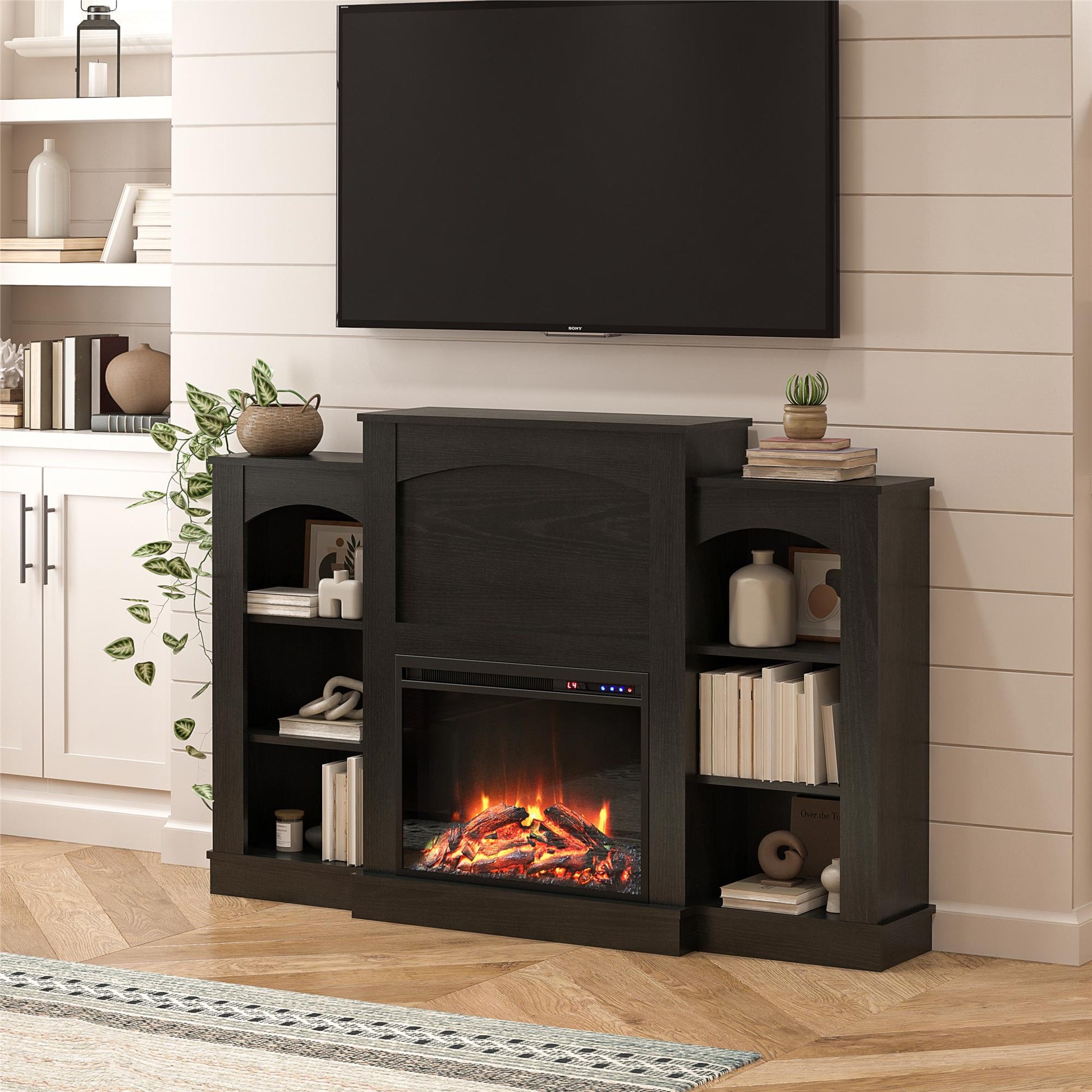 Hawke's Bay Electric Fireplace Mantel with Bookshelves - Black Oak
