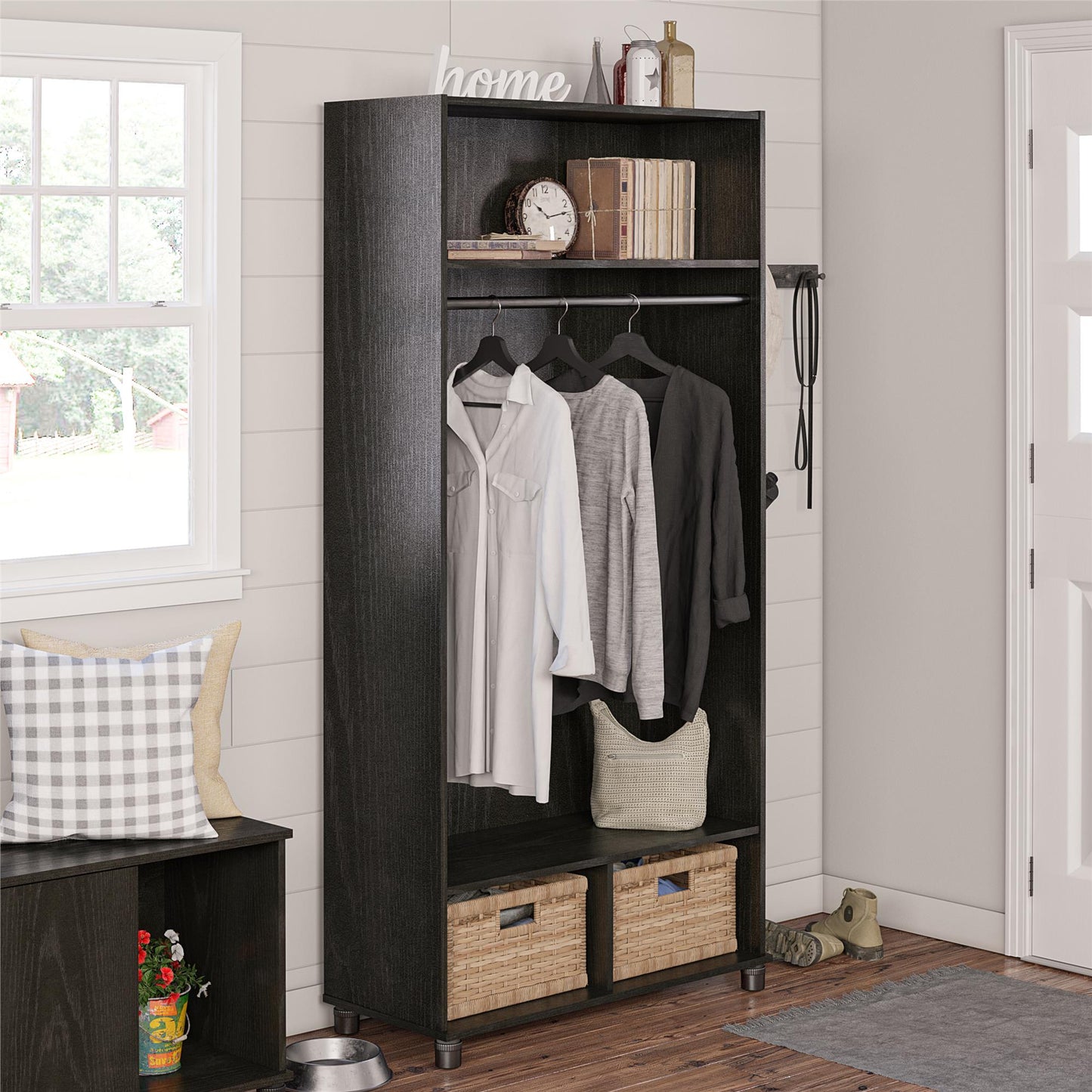 Camberly 36" Wide Mudroom Storage Cabinet with Clothing Rod - Black Oak