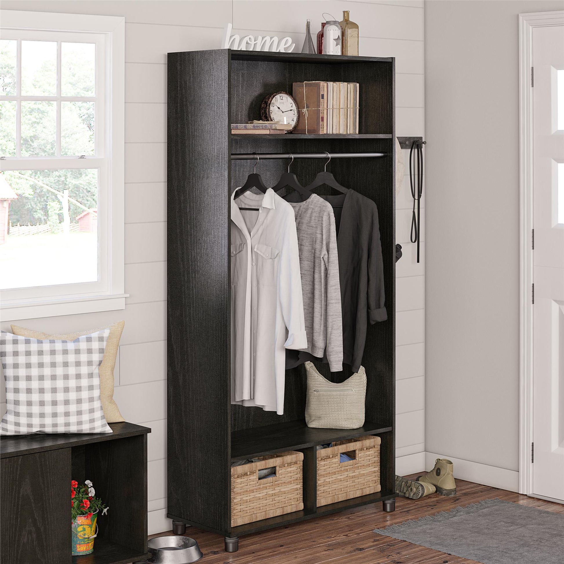 Camberly 36" Wide Mudroom Storage Cabinet with Clothing Rod - Black Oak