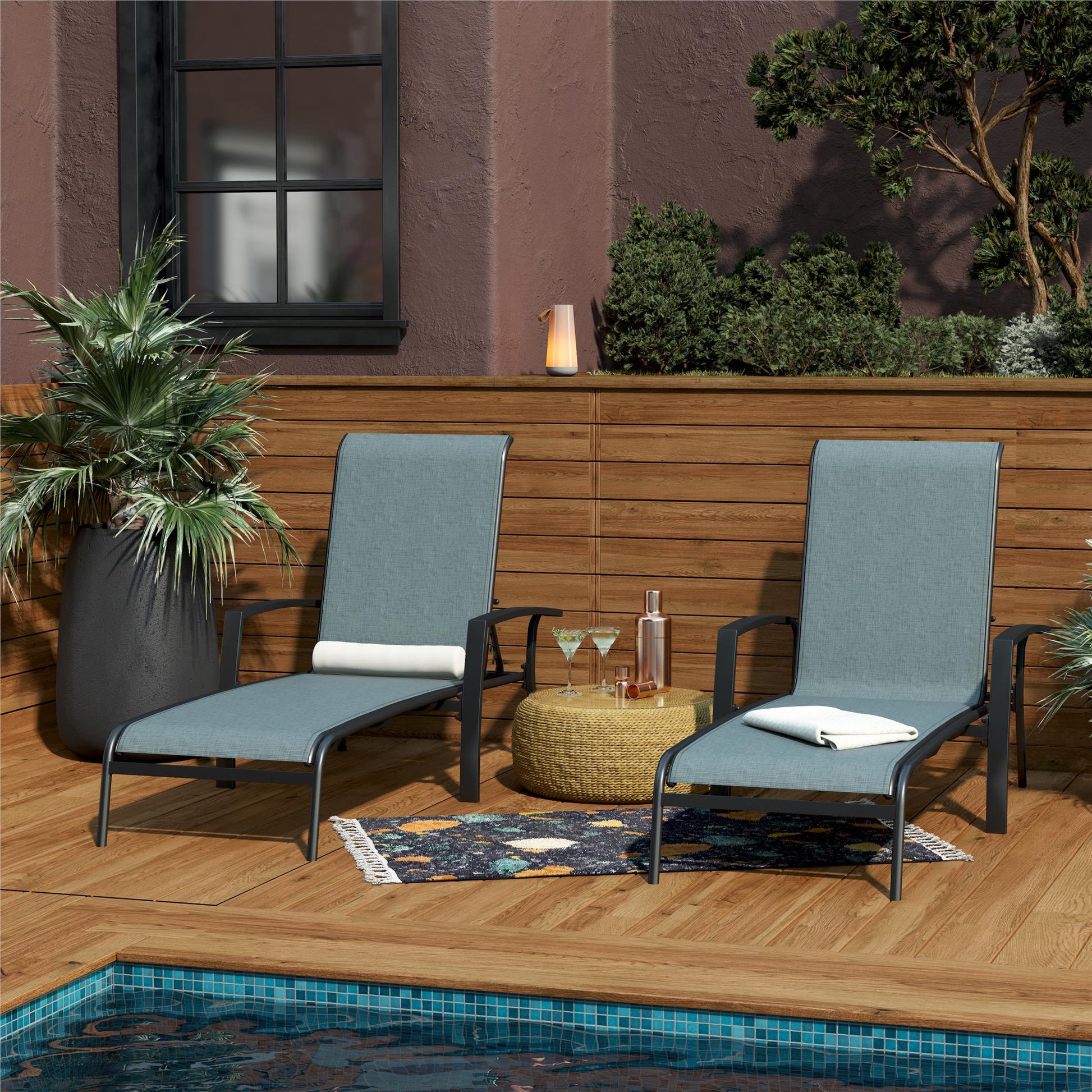 Outdoor Adjustable Aluminum Chaise Lounge Patio Furniture, Set of 2 - Black - 2-Pack