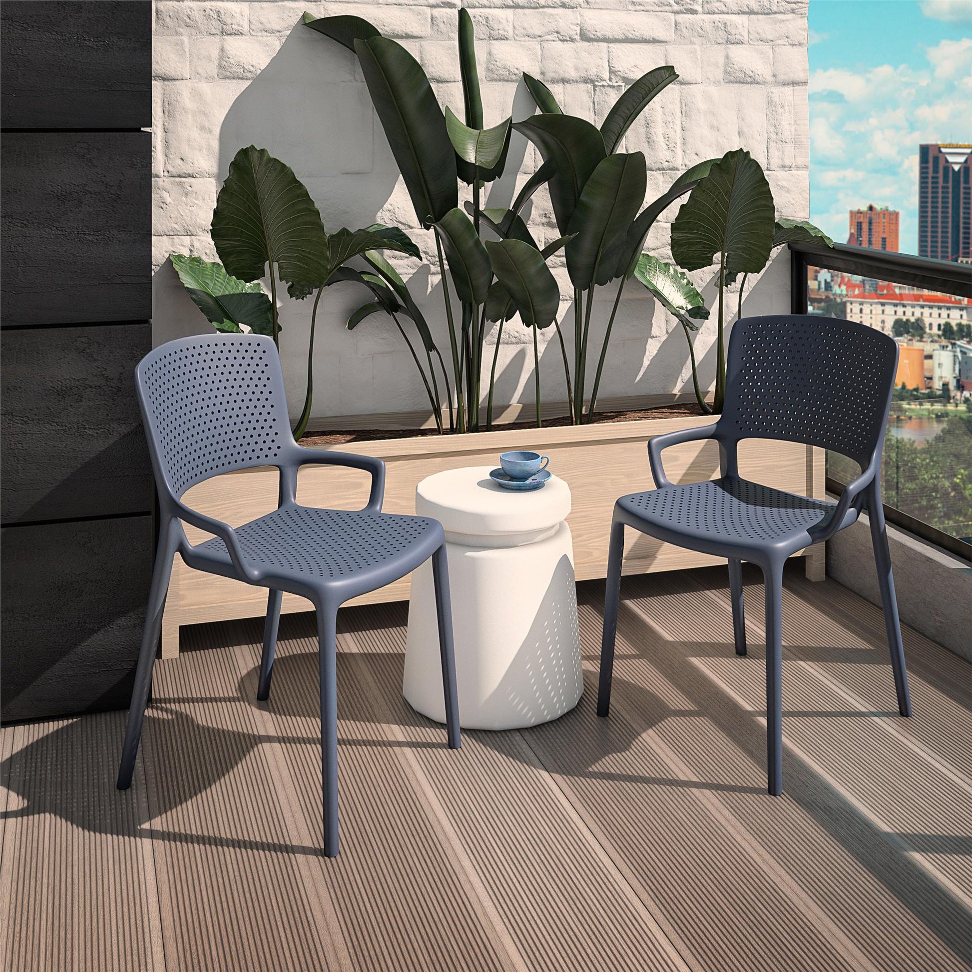 Outdoor/Indoor Stacking Resin Chair with Square Back and Arms, Set of 2 - Navy - 2-Pack