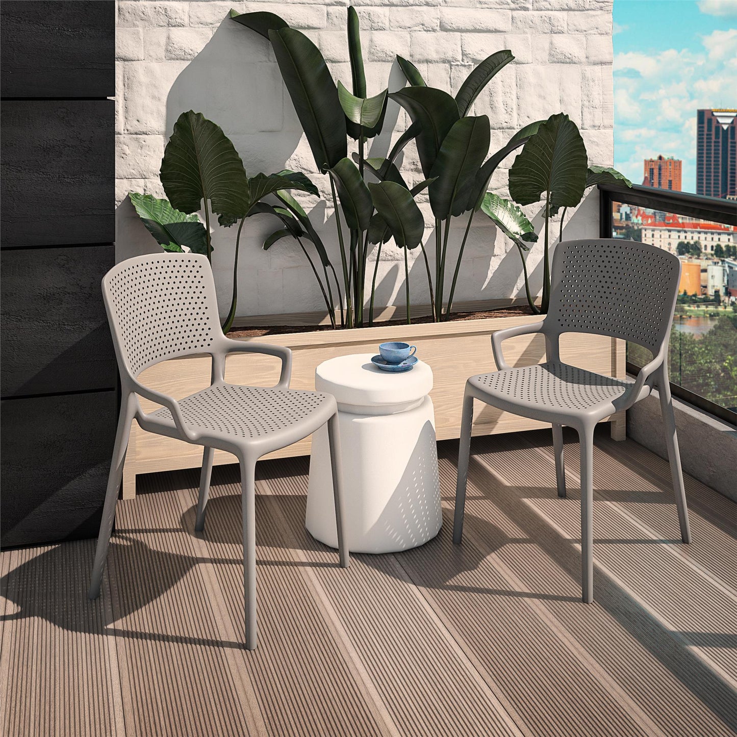 Outdoor/Indoor Stacking Resin Chair with Square Back and Arms, Set of 2 - Fog Gray - 2-Pack