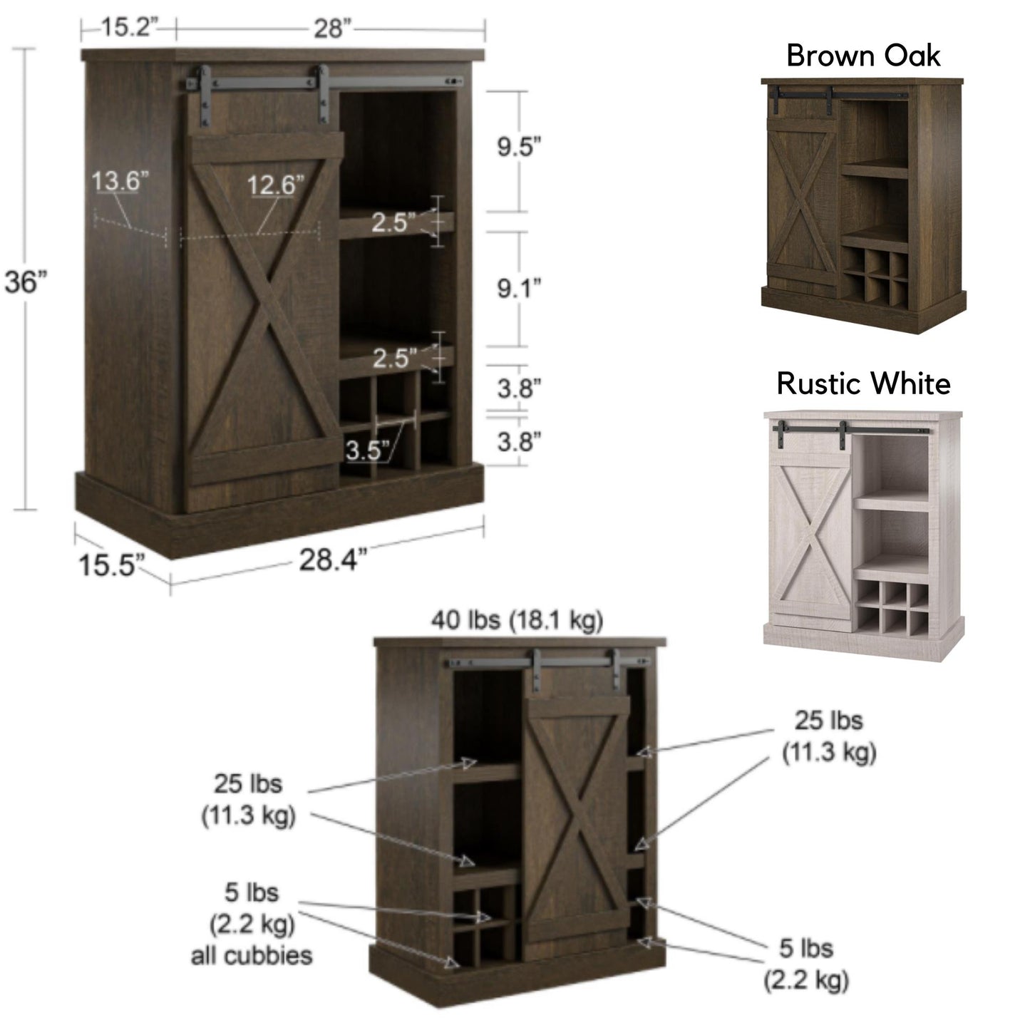 Harden Rustic Bar Cabinet with 4 Shelves and 12 Bottle Cubbies - Rustic White