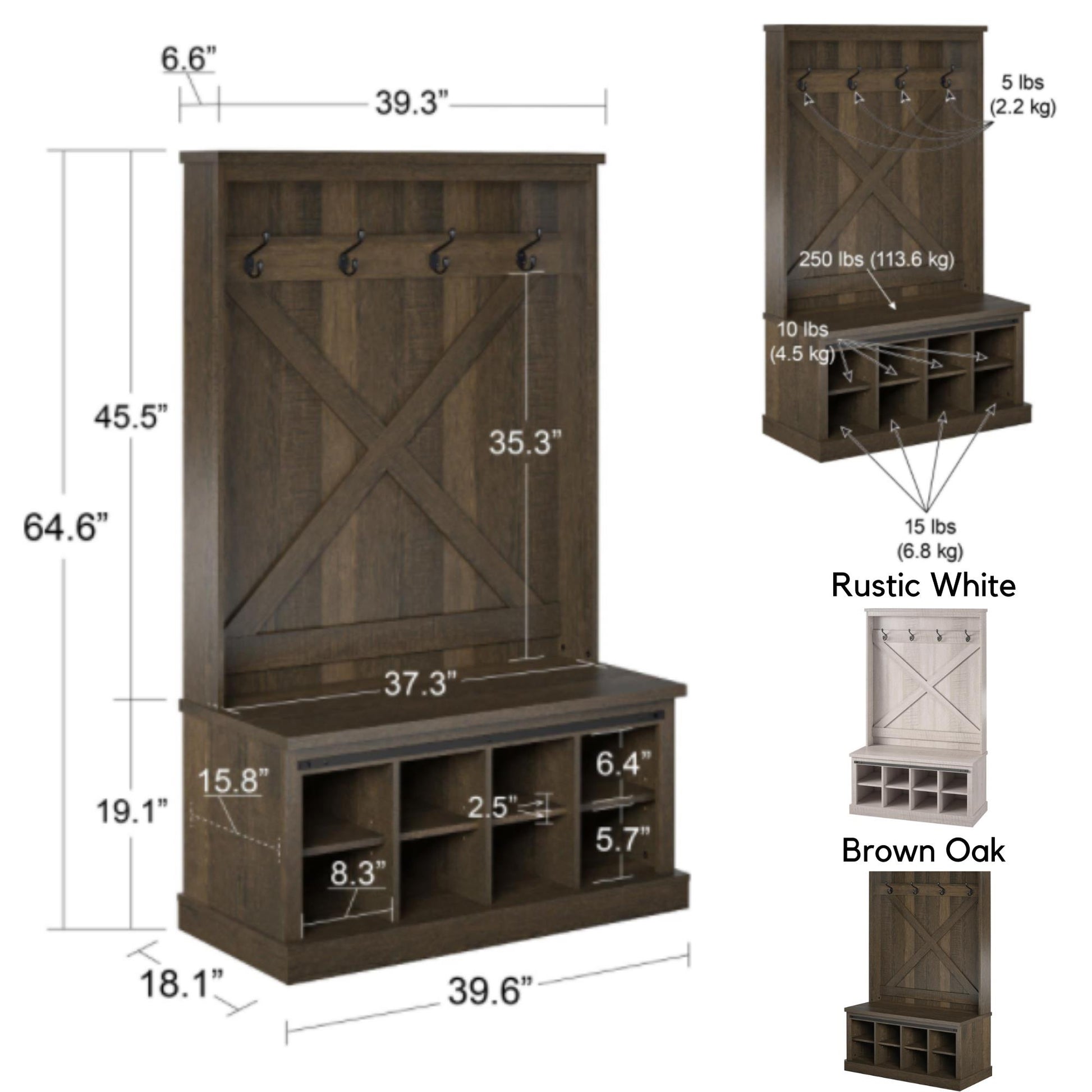 Harden Rustic Entryway Bench with Hall Tree, Shoe Cubbies and Metal Hooks - Rustic White