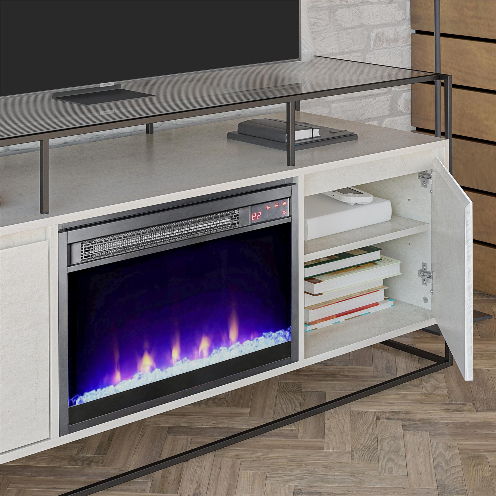 Camley Modern TV Stand and Console with Electric Fireplace for TVs up to 65", Plaster - Plaster