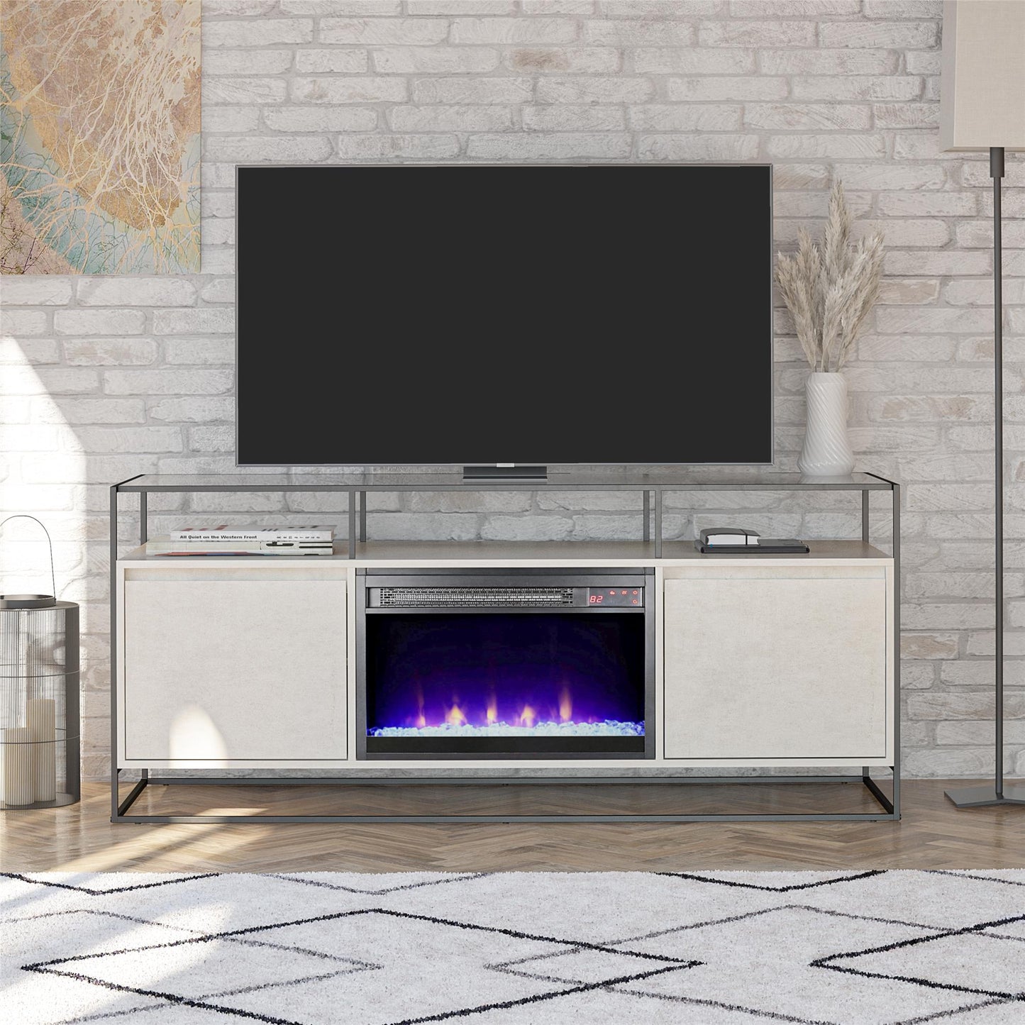 Camley Modern TV Stand and Console with Electric Fireplace for TVs up to 65", Plaster - Plaster