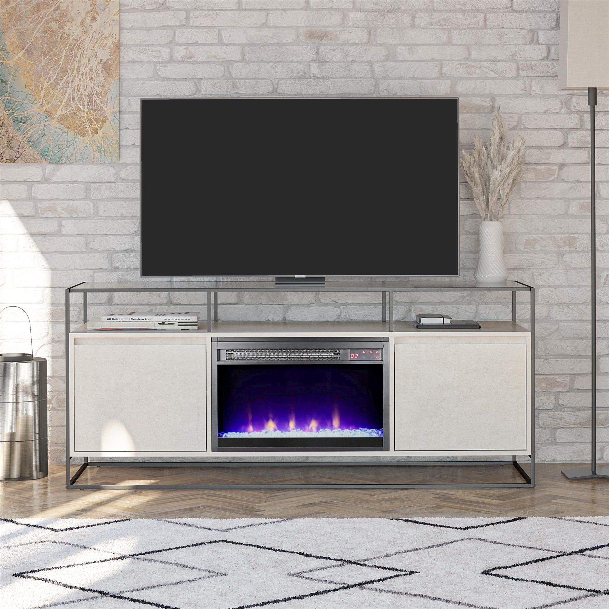 Camley Modern TV Stand and Console with Electric Fireplace for TVs up to 65", Plaster - Plaster