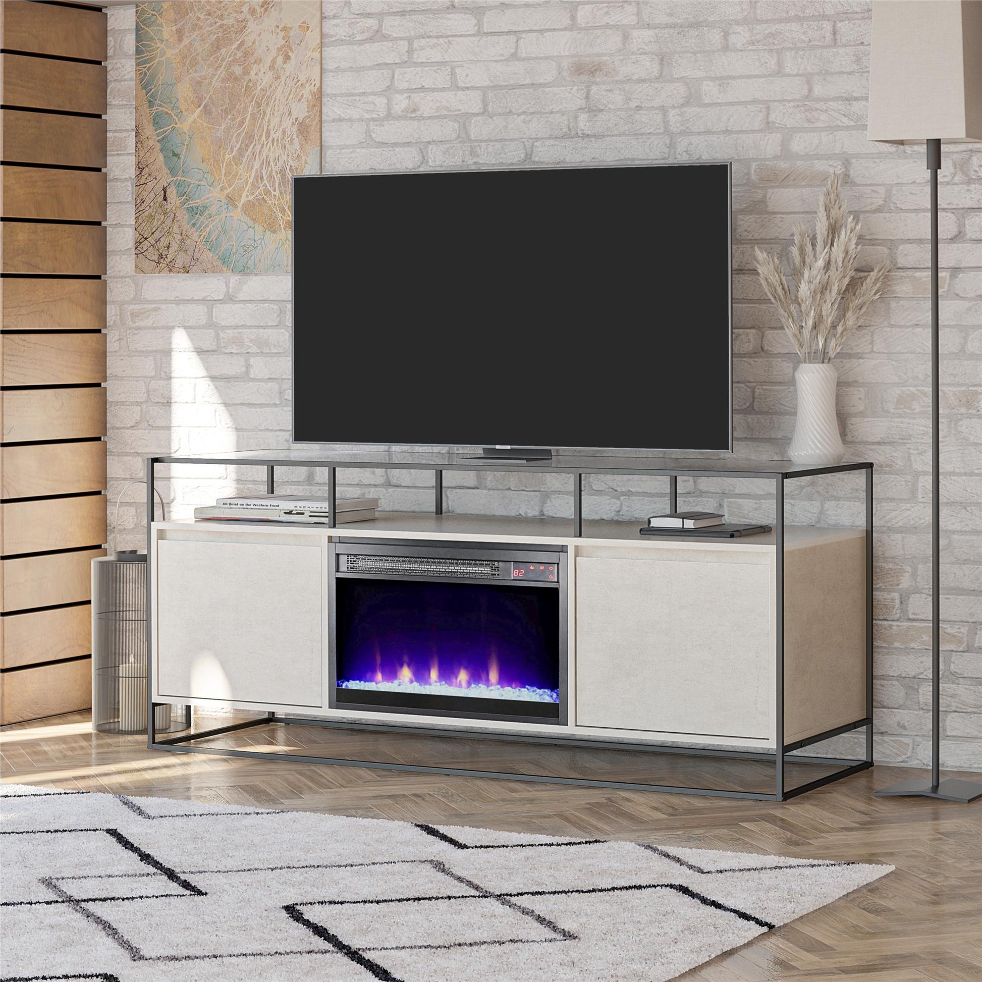 Camley Modern TV Stand and Console with Electric Fireplace for TVs up to 65", Plaster - Plaster