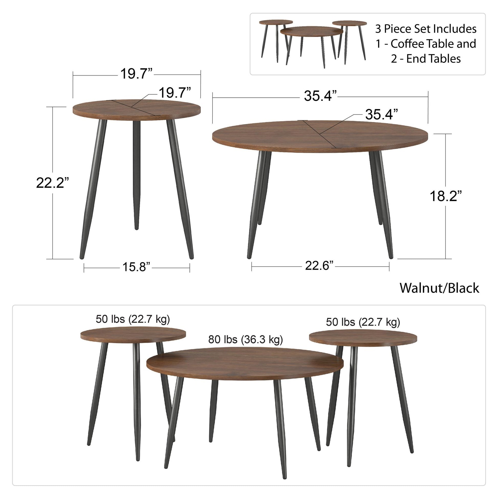 Morley 3 Piece Coffee Table and End Table Set - Walnut