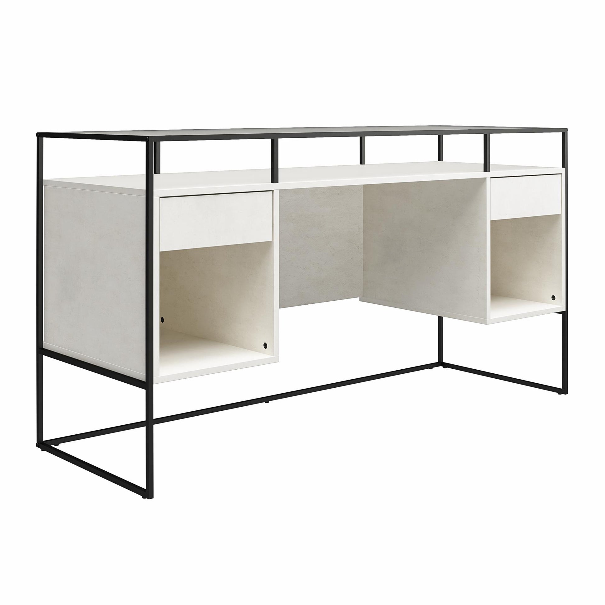 Camley Modern Desk with Fluted Glass Top, 2 Drawers and Storage, Plaster - Plaster