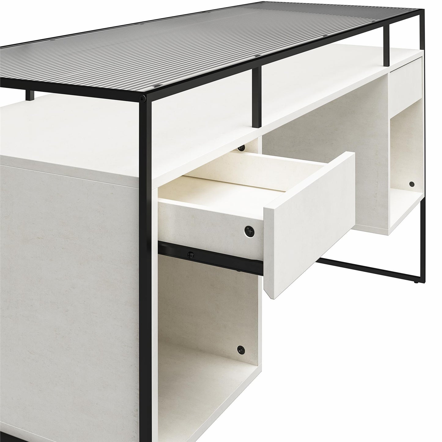 Camley Modern Desk with Fluted Glass Top, 2 Drawers and Storage, Plaster - Plaster