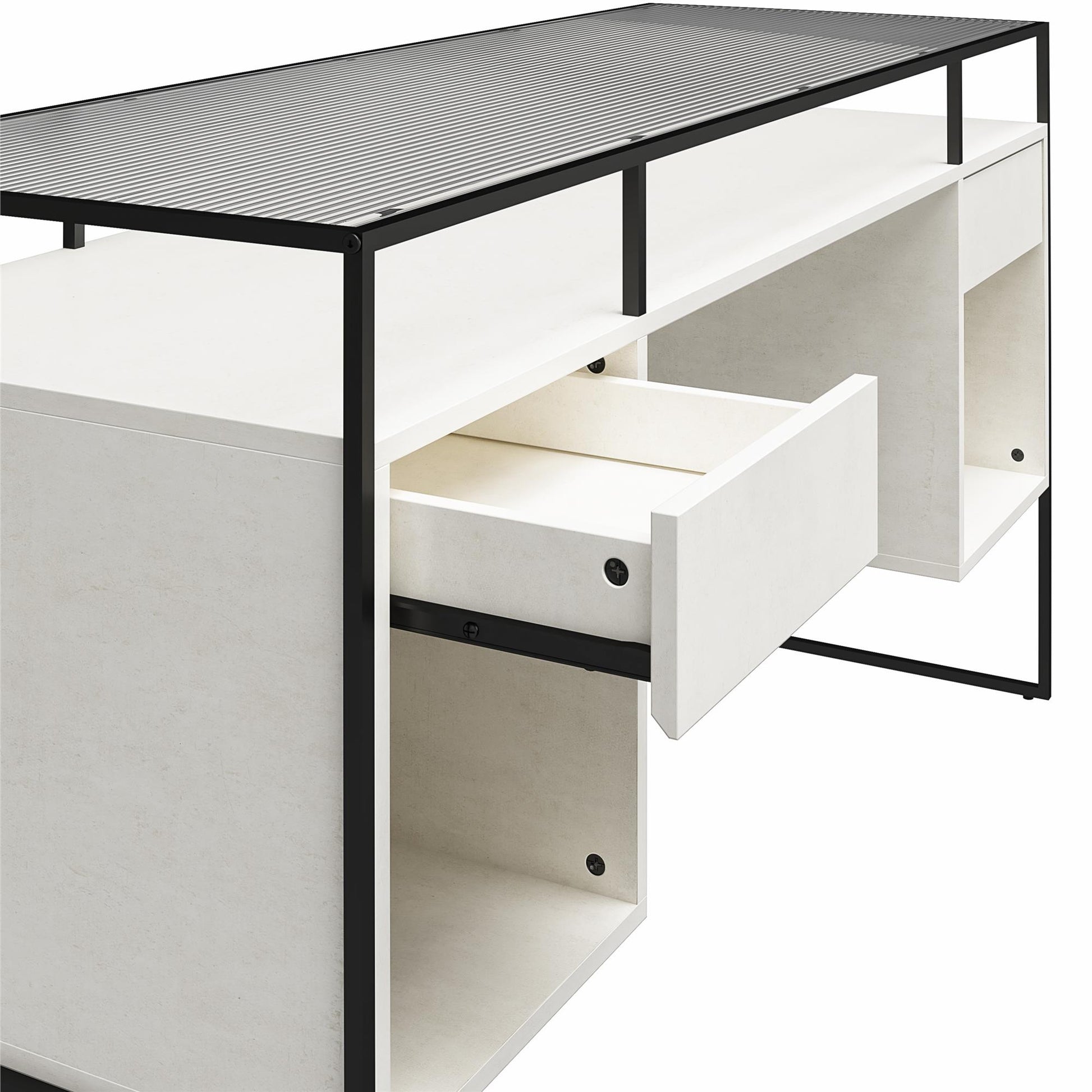 Camley Modern Desk with Fluted Glass Top, 2 Drawers and Storage, Plaster - Plaster