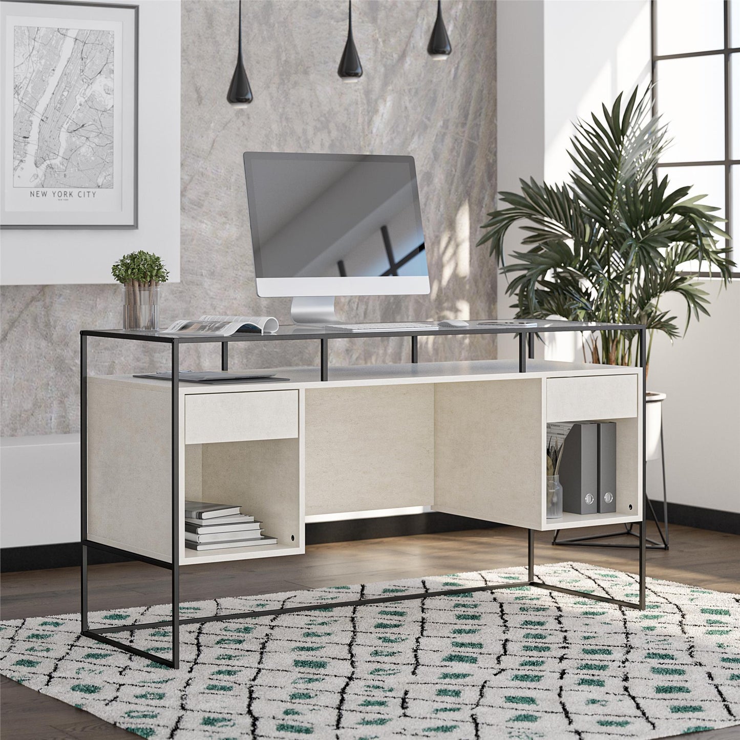 Camley Modern Desk with Fluted Glass Top, 2 Drawers and Storage, Plaster - Plaster
