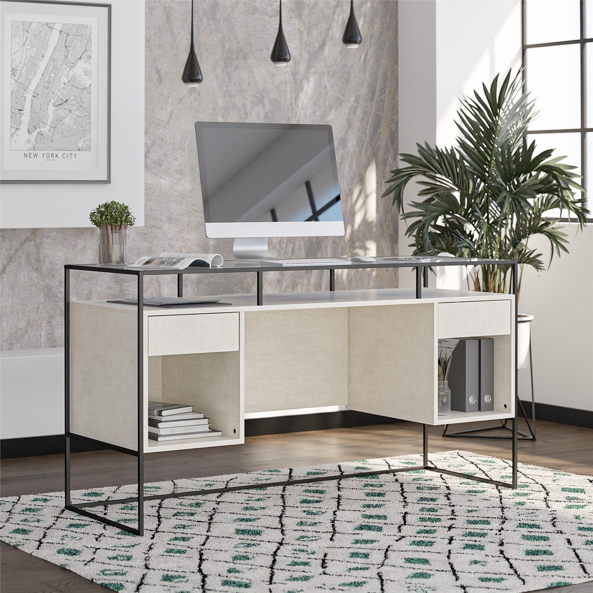 Camley Modern Desk with Fluted Glass Top, 2 Drawers and Storage, Plaster - Plaster