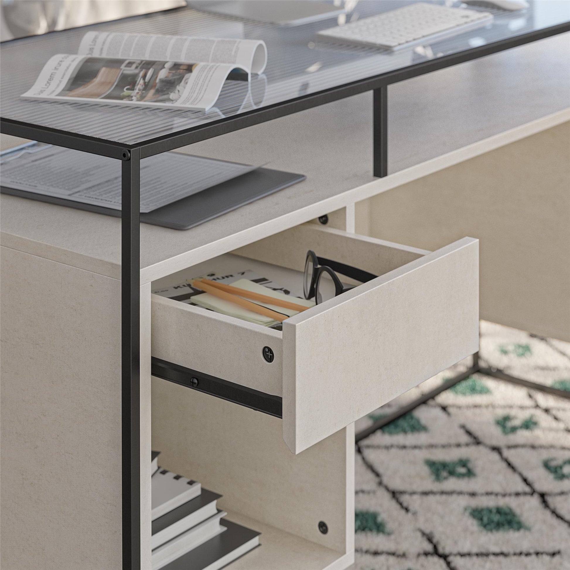 Camley Modern Desk with Fluted Glass Top, 2 Drawers and Storage, Plaster - Plaster
