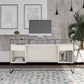 Camley Modern Desk with Fluted Glass Top, 2 Drawers and Storage, Plaster - Plaster