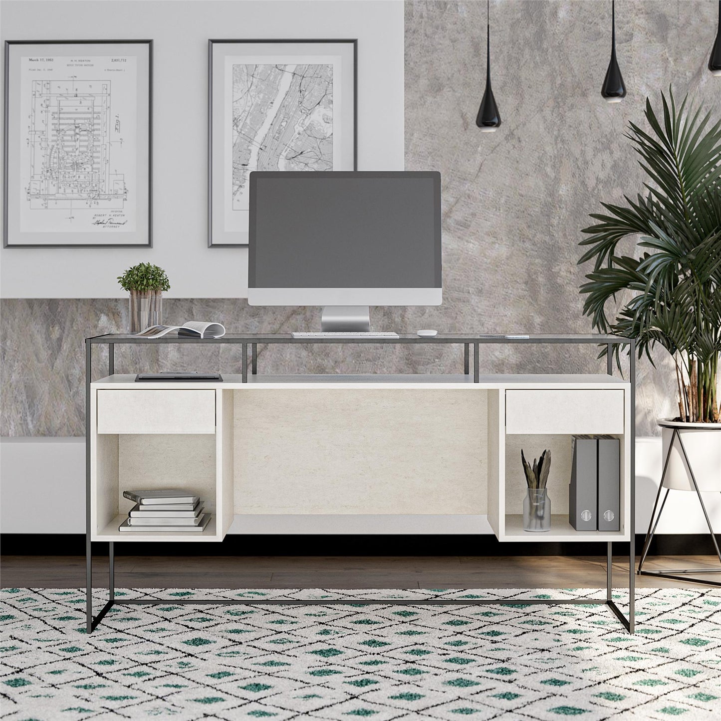 Camley Modern Desk with Fluted Glass Top, 2 Drawers and Storage, Plaster - Plaster
