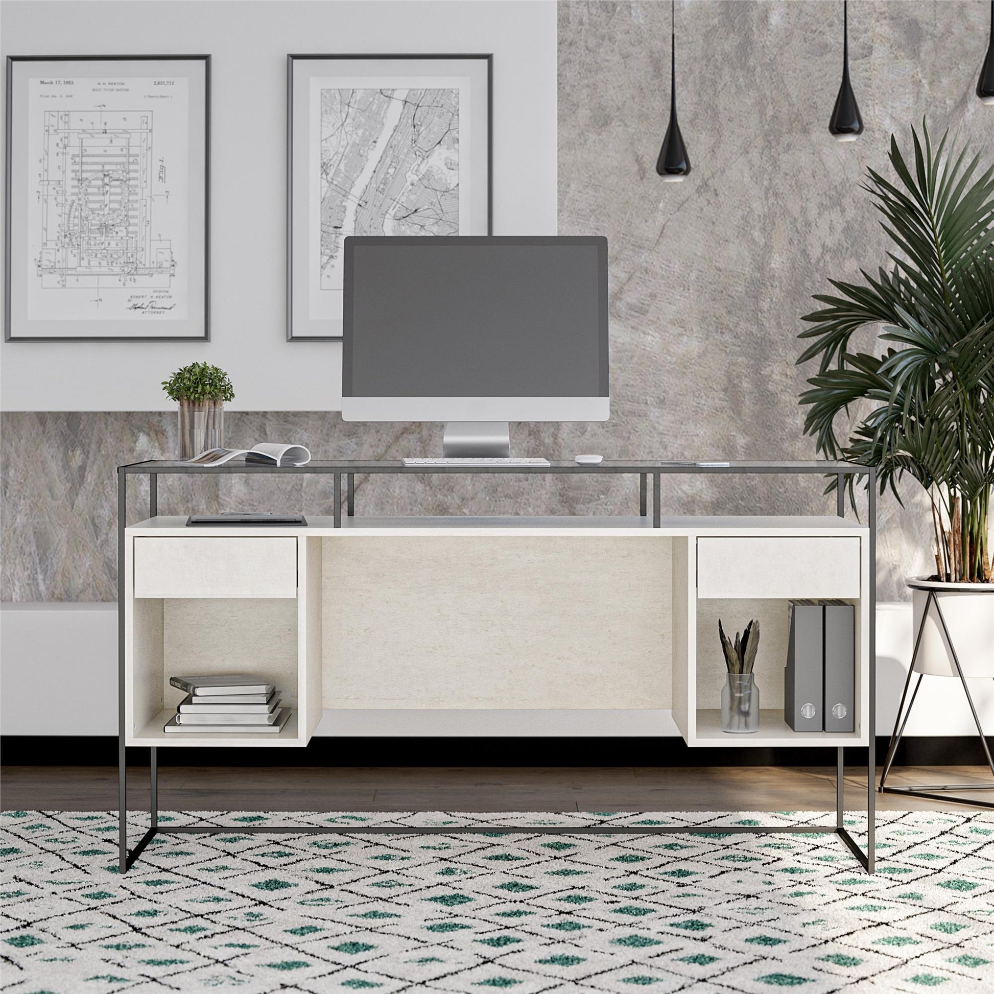 Camley Modern Desk with Fluted Glass Top, 2 Drawers and Storage, Plaster - Plaster