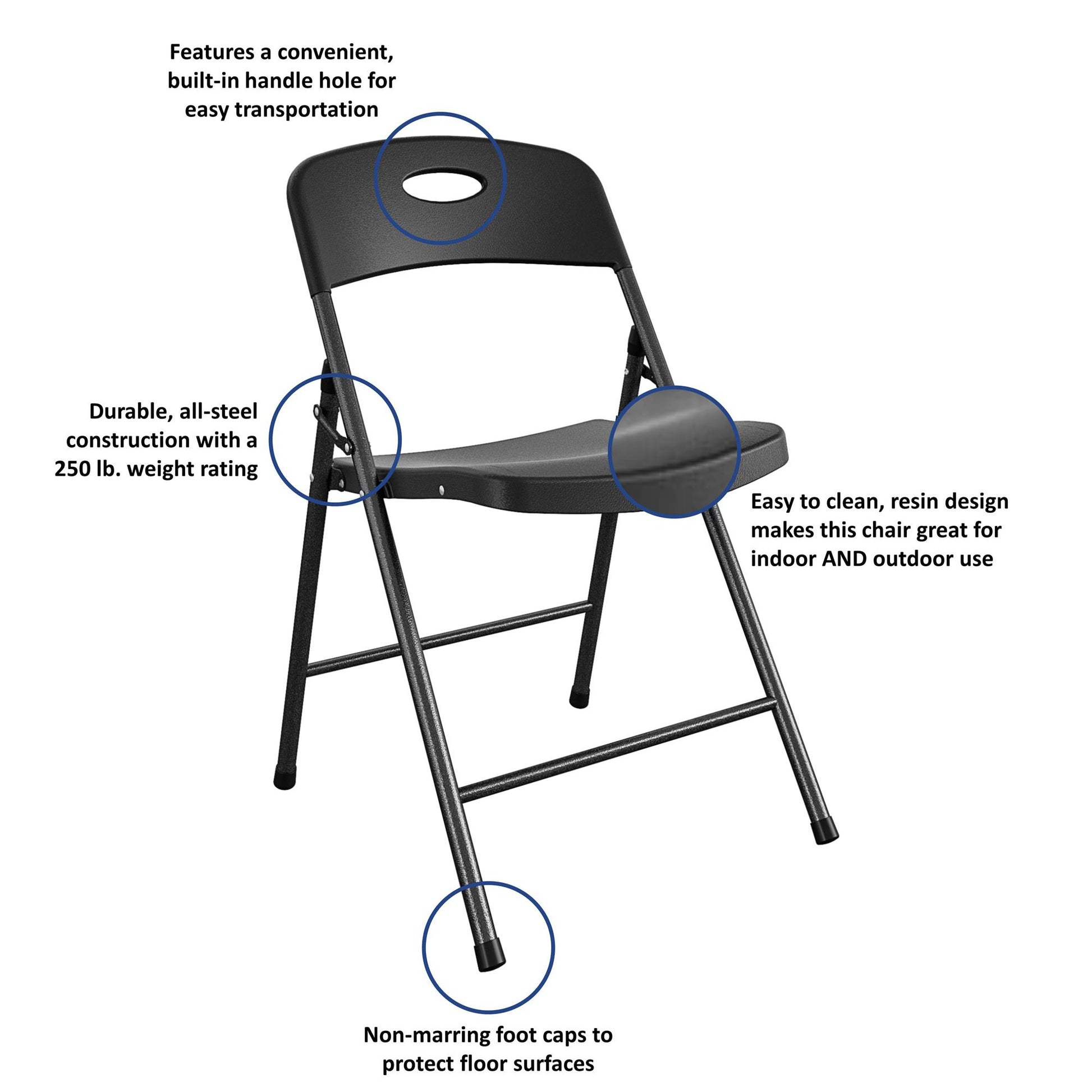 COSCO Solid Resin Plastic Folding Chair, Indoor/Outdoor, Double Braced, Black, 4-Pack - Black - 4-Pack