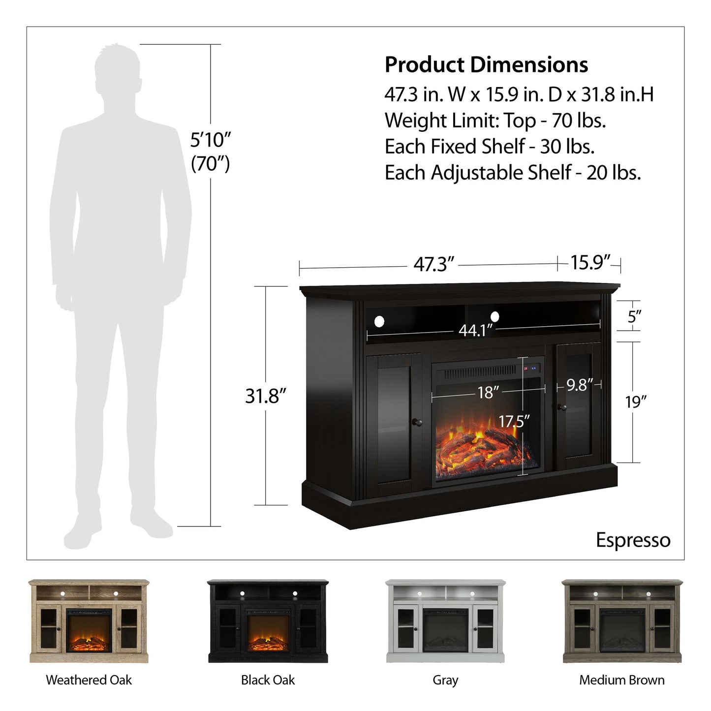 Chicago Electric Fireplace TV Console for TVs up to 50 Inch - Black Oak