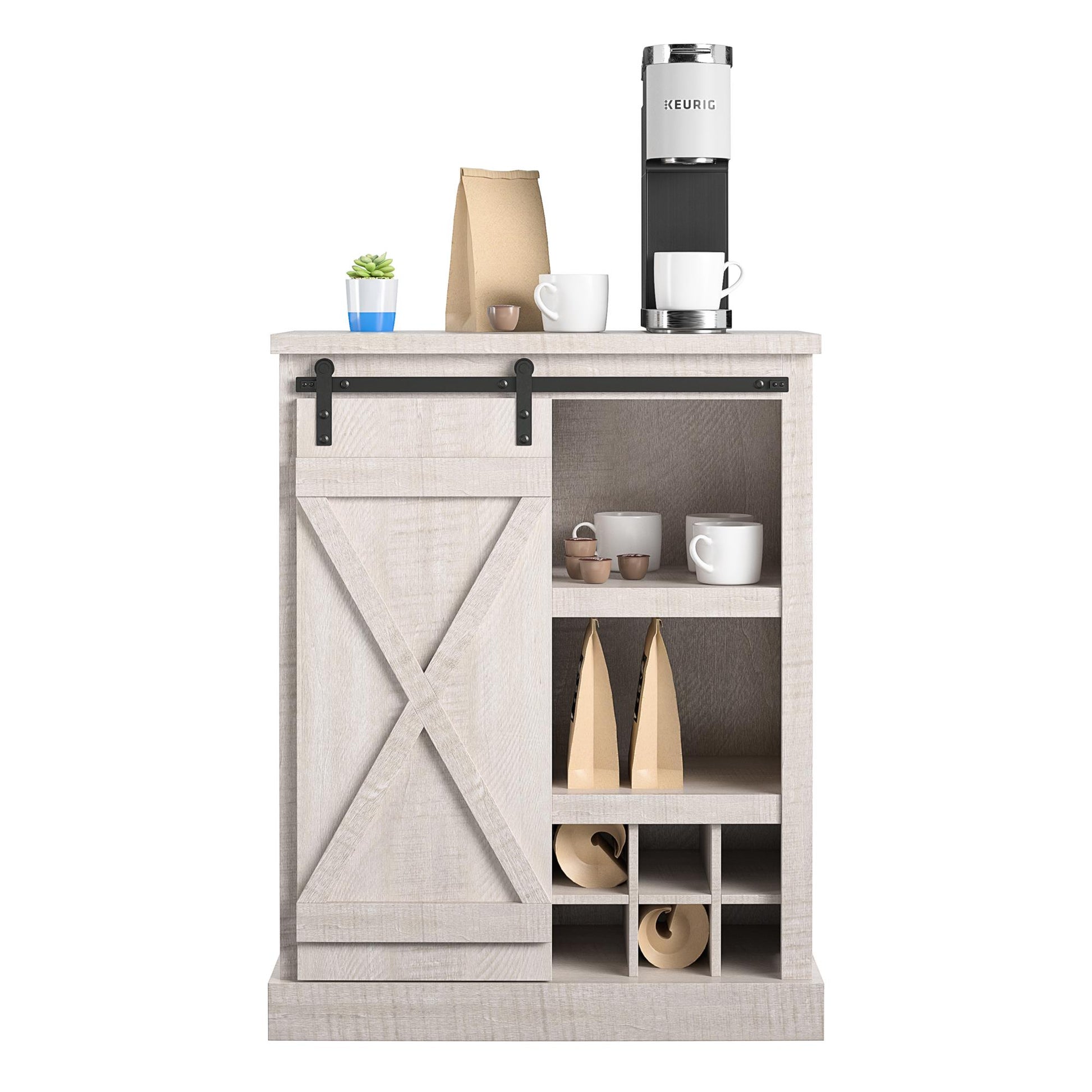 Harden Rustic Bar Cabinet with 4 Shelves and 12 Bottle Cubbies - Rustic White