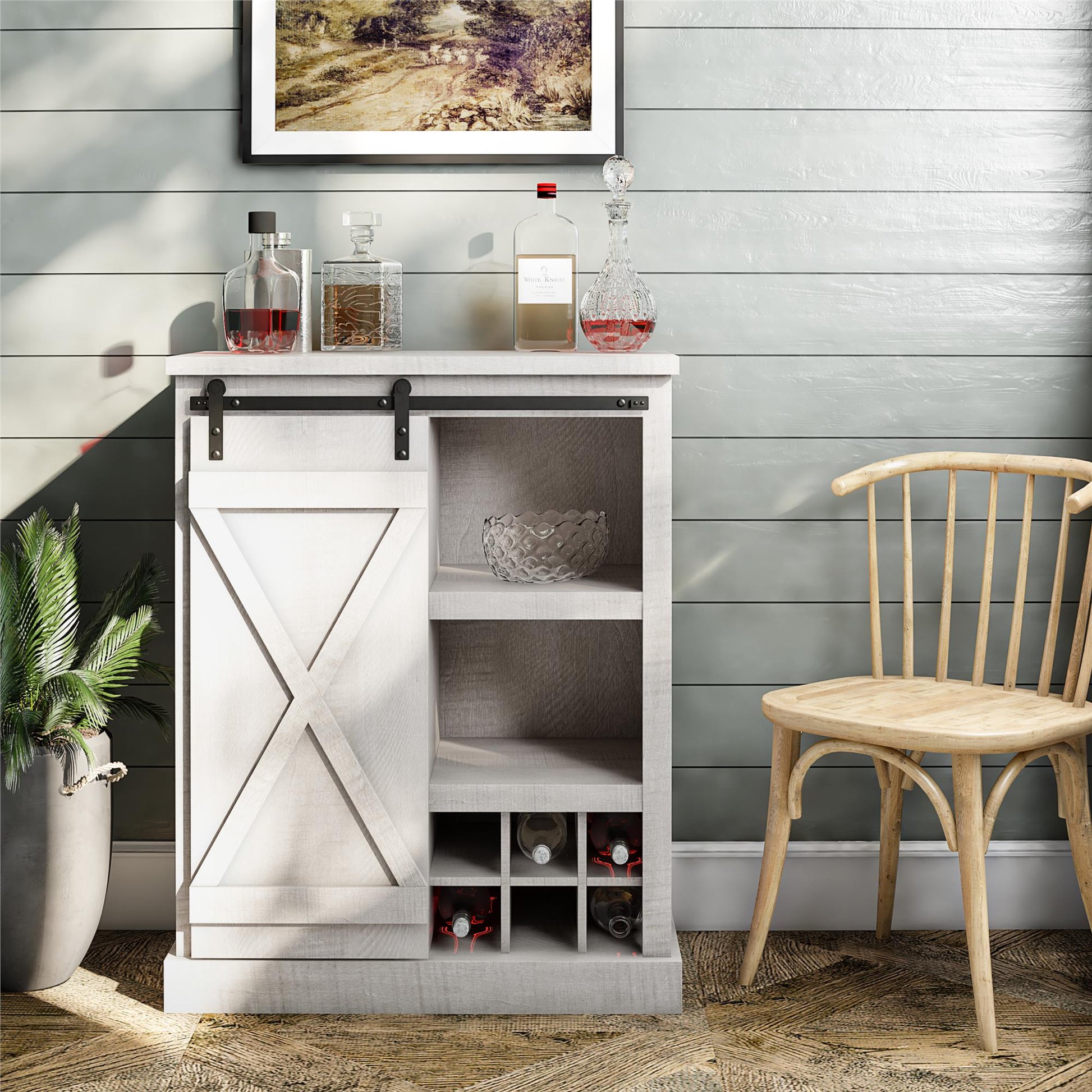 Harden Rustic Bar Cabinet with 4 Shelves and 12 Bottle Cubbies - Rustic White