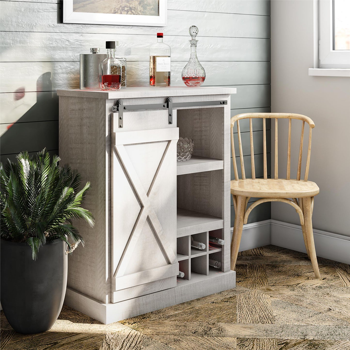 Harden Rustic Bar Cabinet with 4 Shelves and 12 Bottle Cubbies - Rustic White