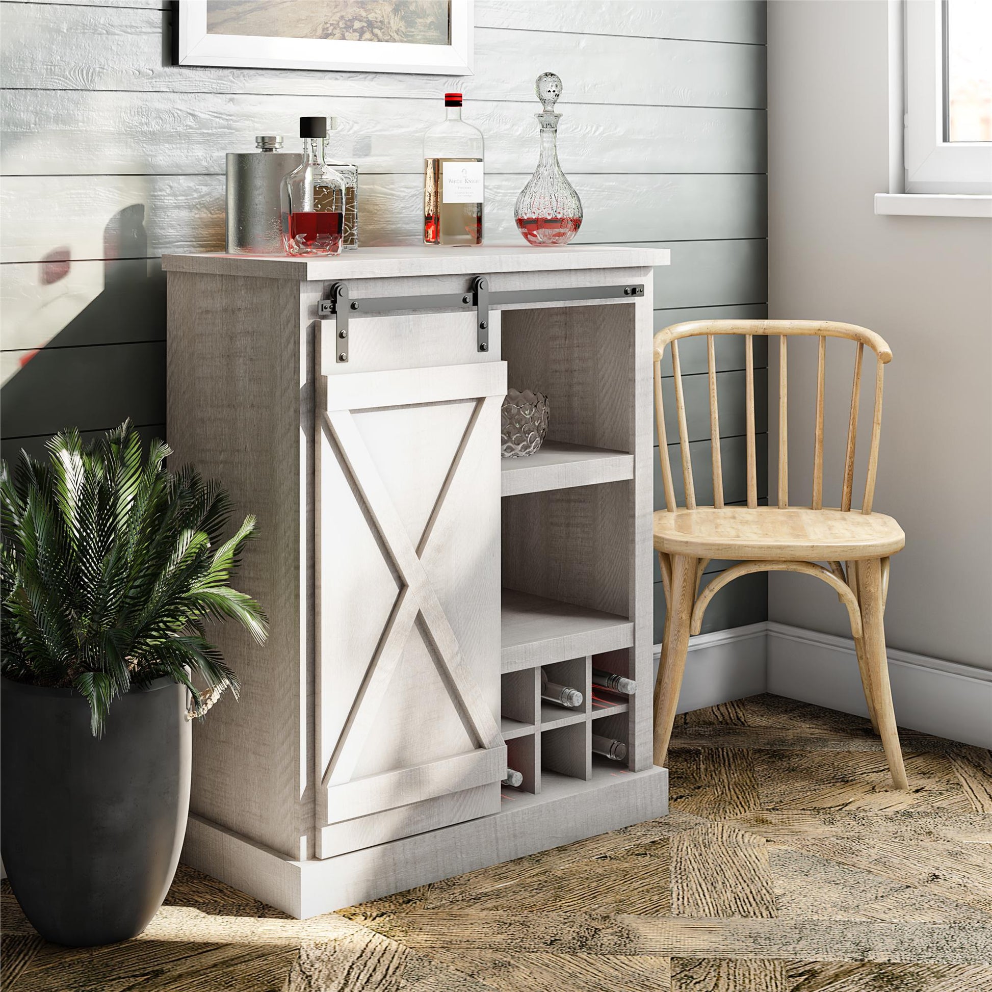 Harden Rustic Bar Cabinet with 4 Shelves and 12 Bottle Cubbies - Rustic White