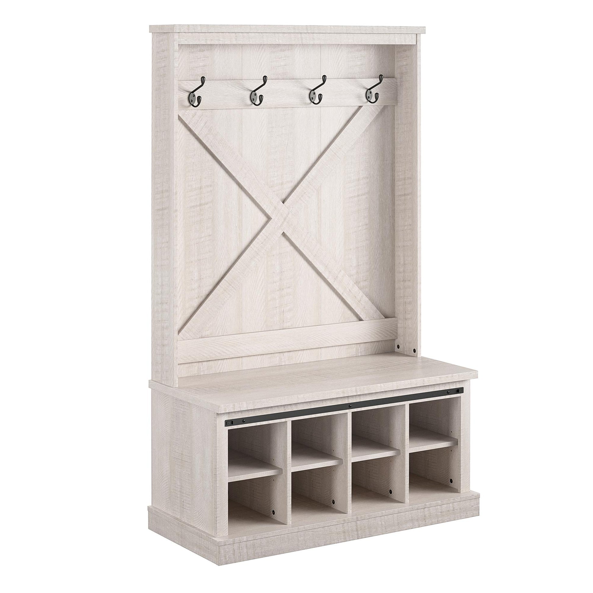 Harden Rustic Entryway Bench with Hall Tree, Shoe Cubbies and Metal Hooks - Rustic White